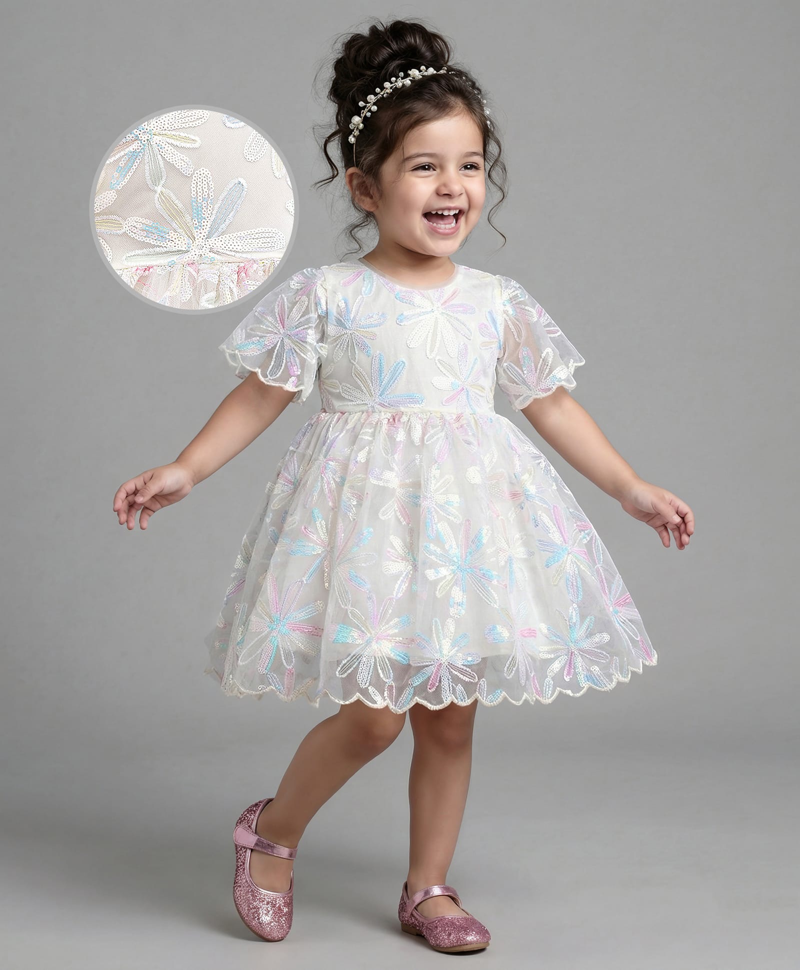 Bonfino Woven Half Sleeves Scalloped Party Dress with Floral Sequin Embroidery - Off White-image-24