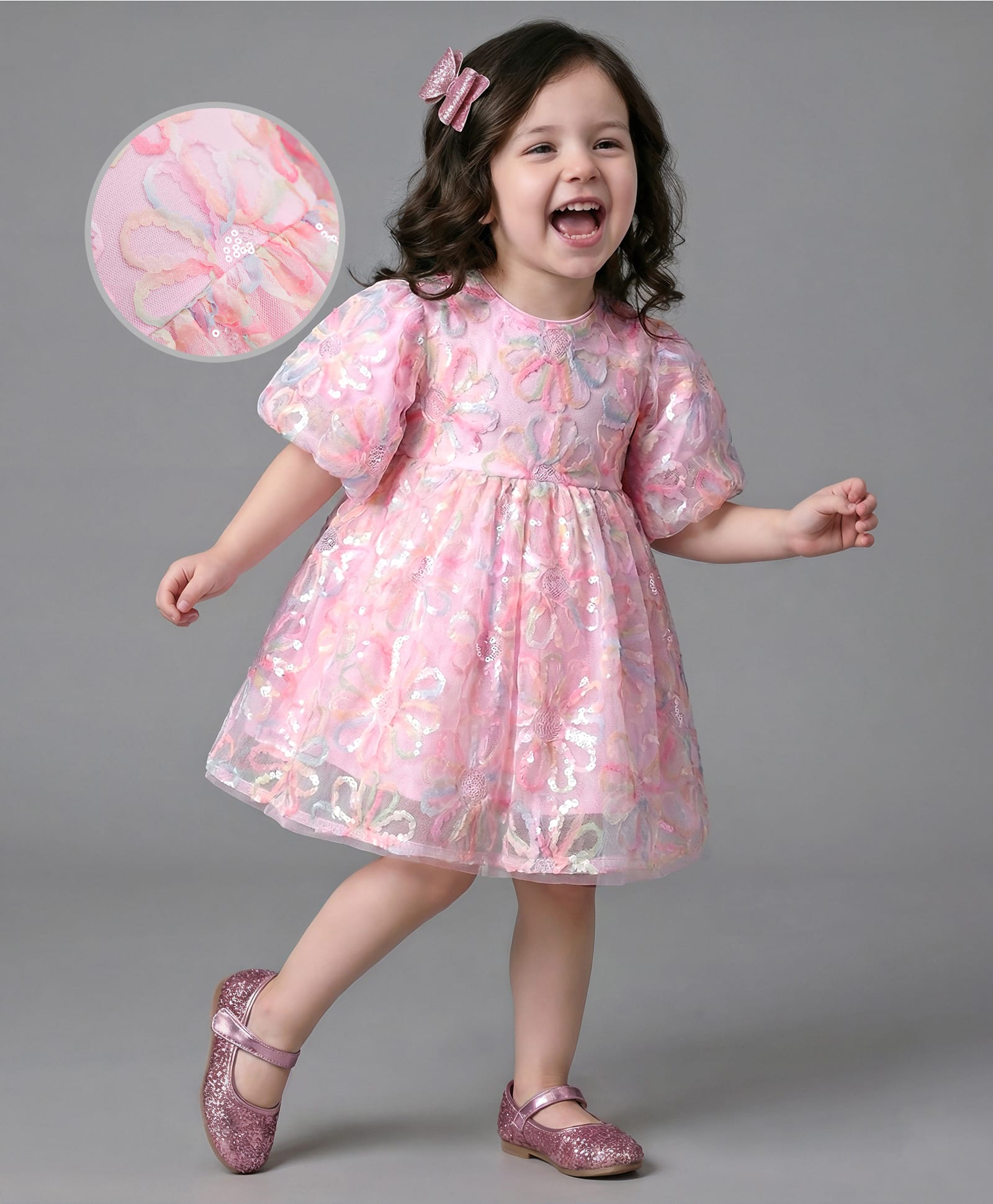 Bonfino Woven Half Puffed Sleeves Party Dress with Sequin Detailing - Pink-picture-6