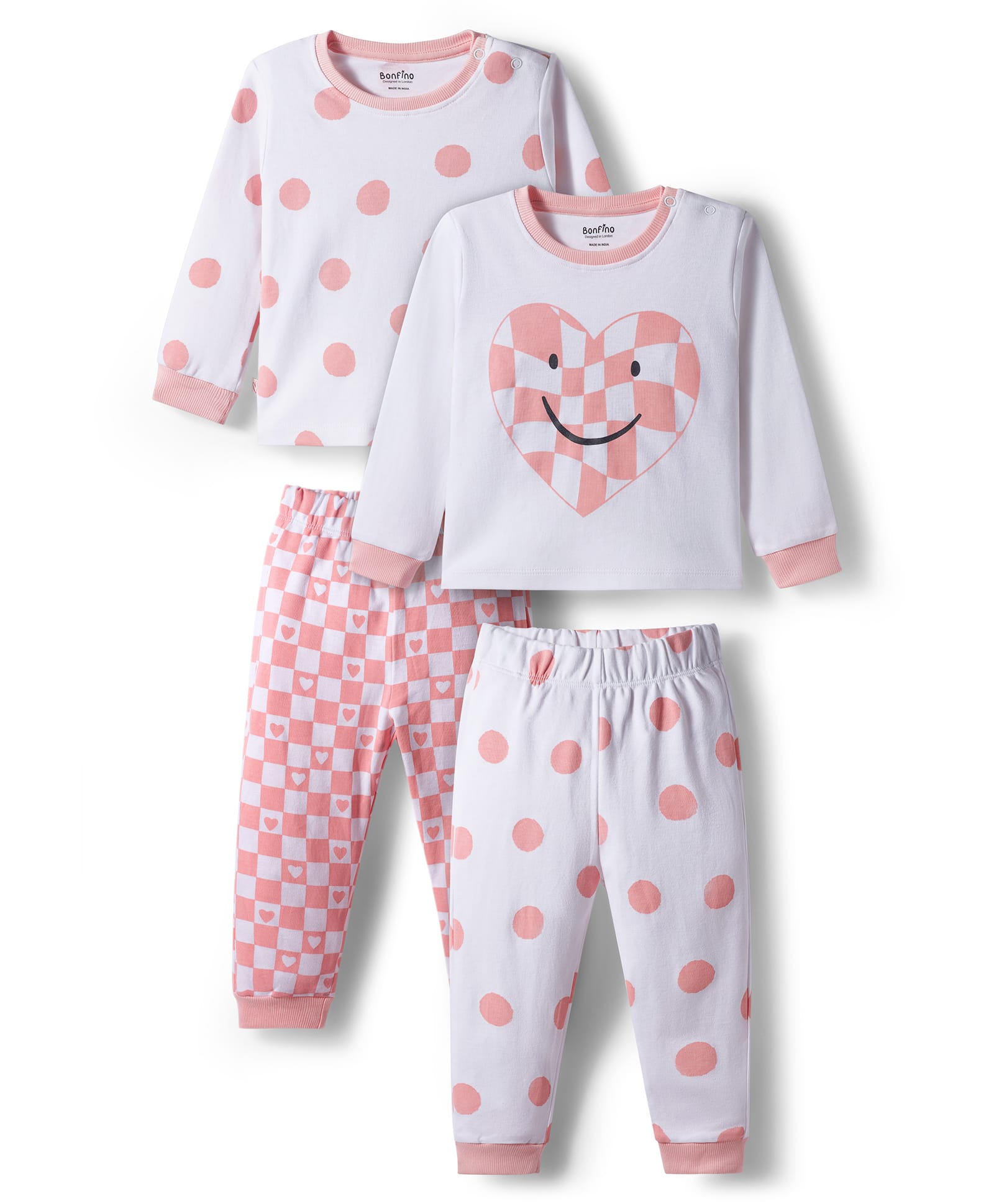 Bonfino 100% Cotton Knit Full Sleeves Night Suits With Heart & Polka Dot Print Pack of 2 - Multicolor-image-28