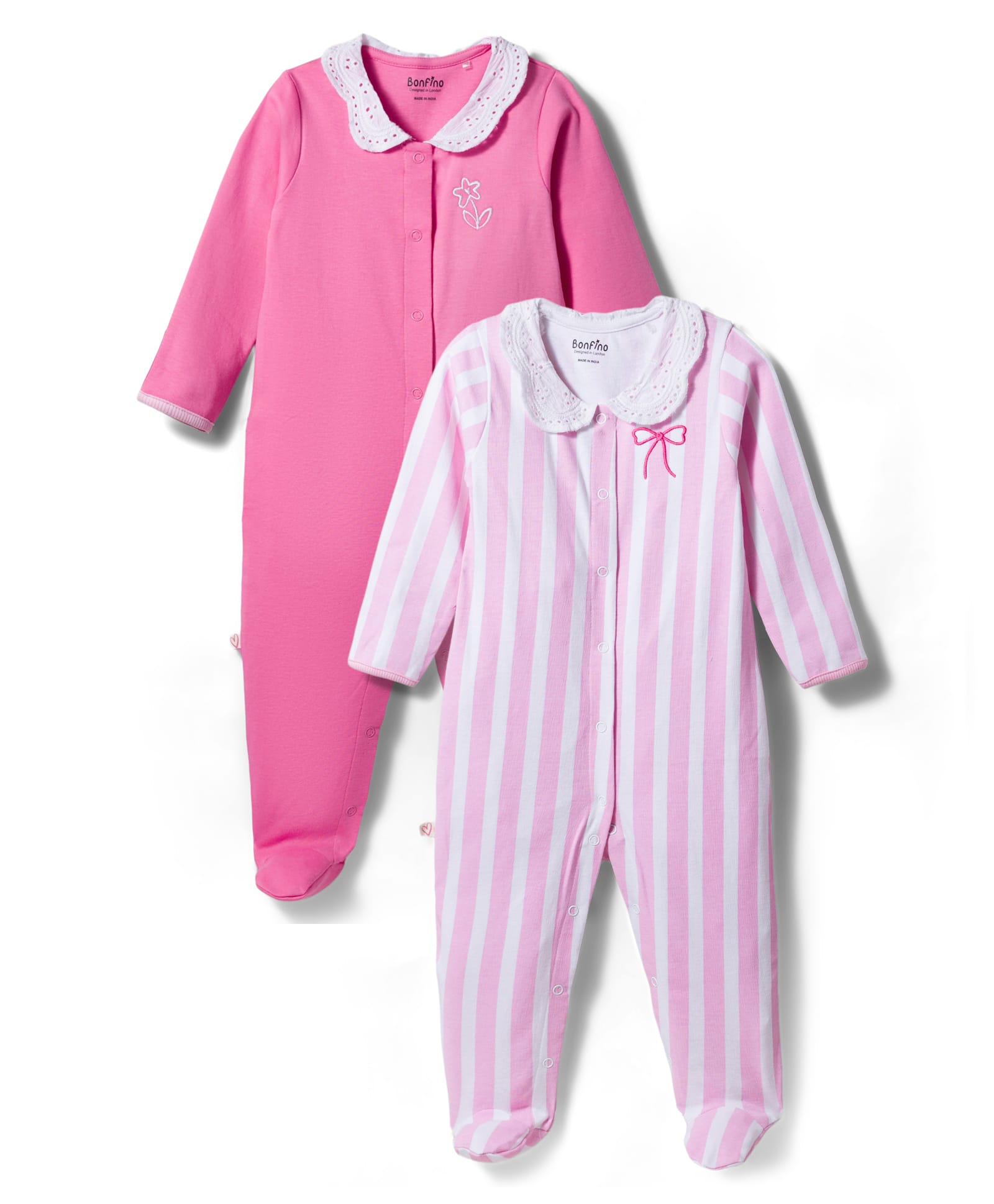 Bonfino 100% Cotton Knit Full Sleeves Striped & Solid Footed Sleepsuits Pack of 2 - Pink & White-picture-25