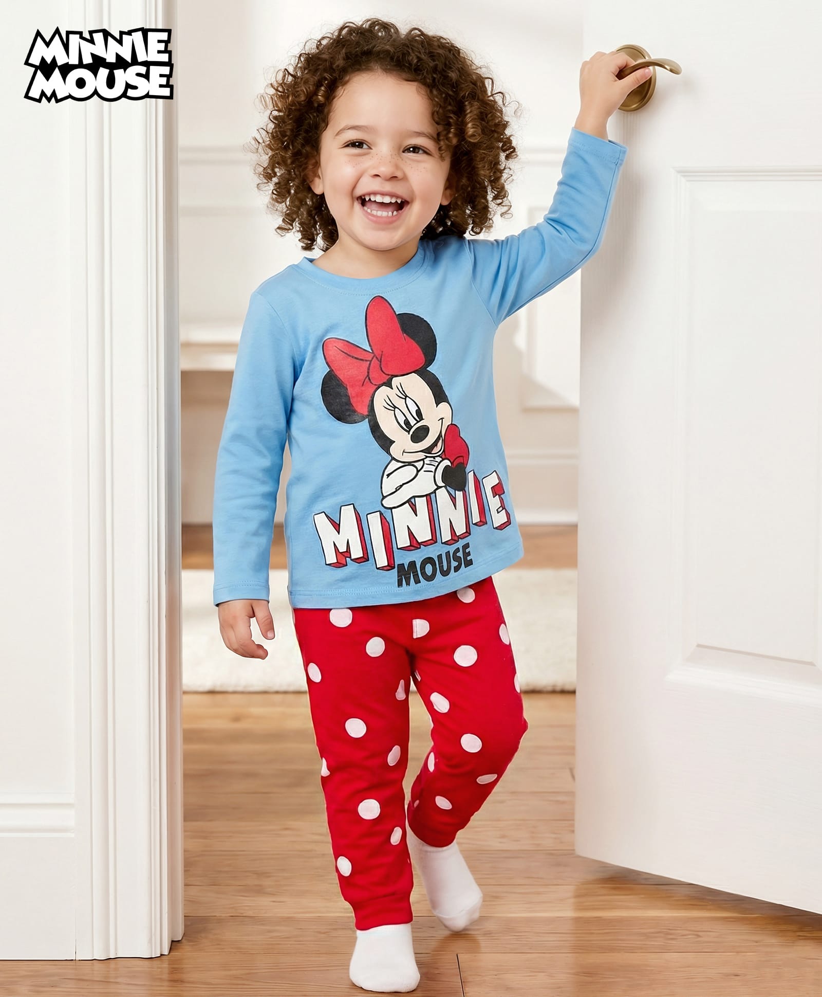 Babyhug Disney Single Jersey Knit Full Sleeves Night Suit With Minnie Mouse Graphics - Light Blue & Red-picture-14