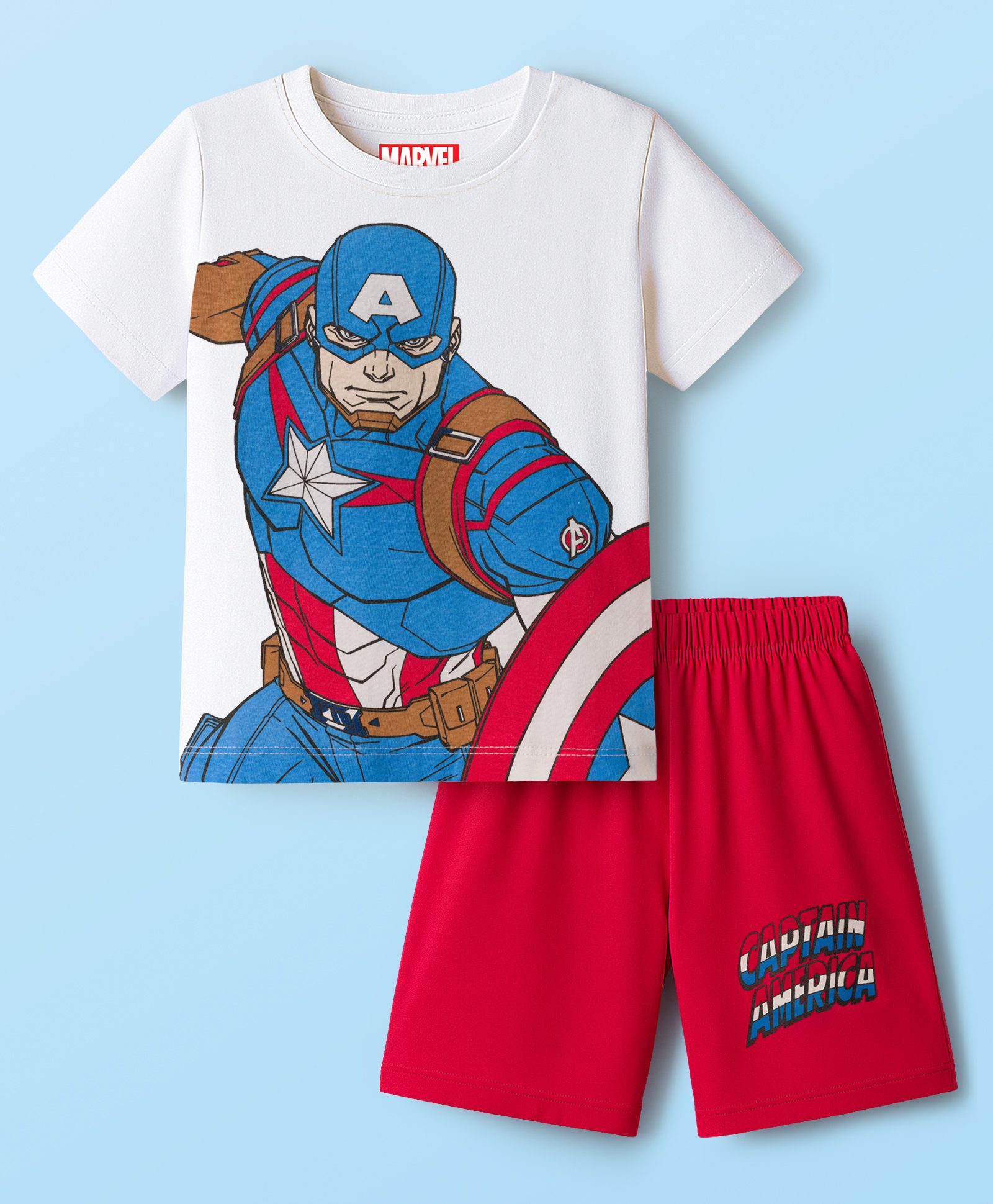 Babyhug Marvel Single Jersey Knit Half Sleeves Shorts Night Suit With Captain America Graphics - Red & White-image-38