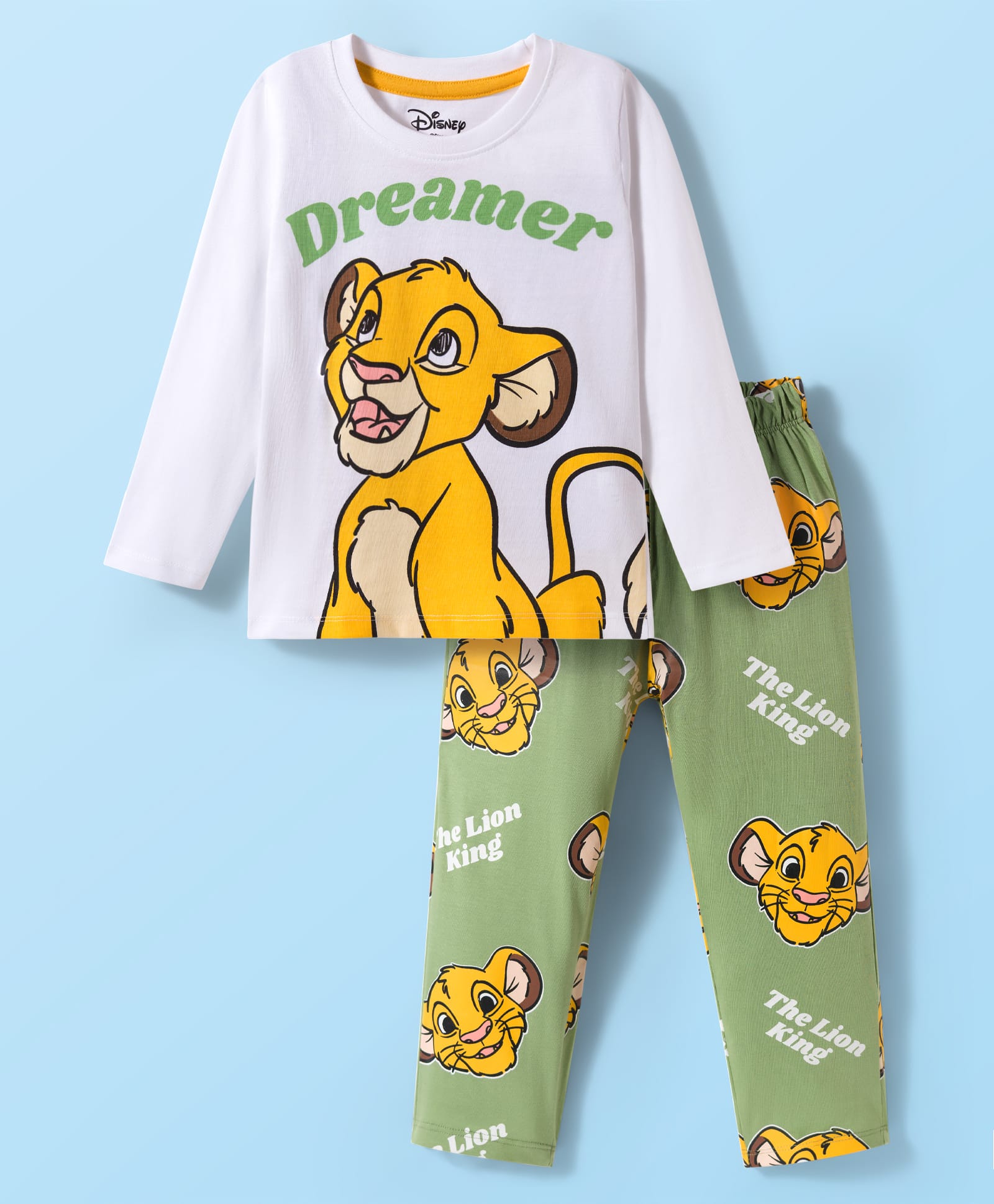 Babyhug Disney Single Jersey Knit Full Sleeves Night Suit With Lion King Graphics - White & Olive Green-picture-37