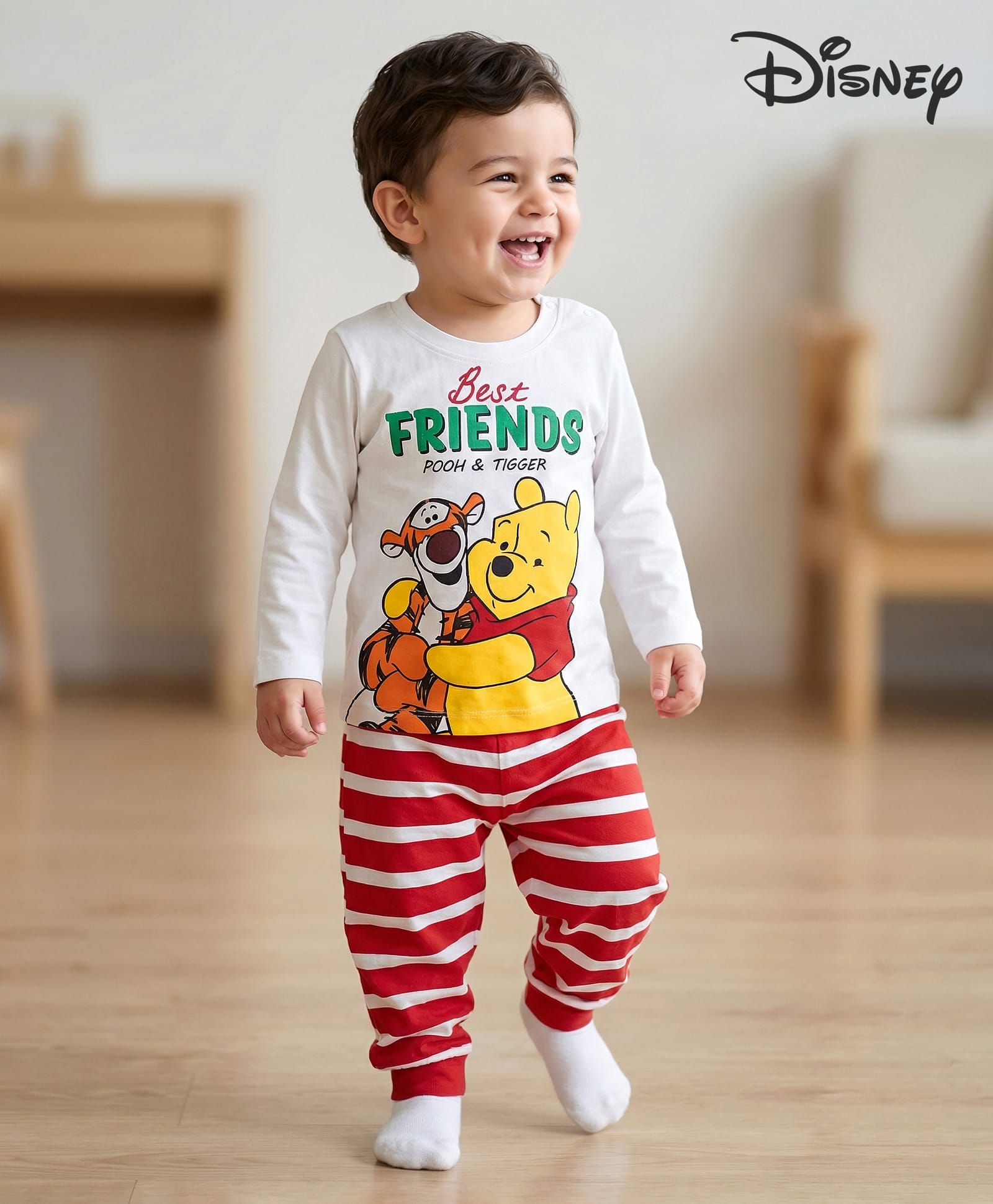 Babyhug Disney Single Jersey Knit Full Sleeves Night Suit With Winnie The Pooh Graphics - White & Red-picture-22