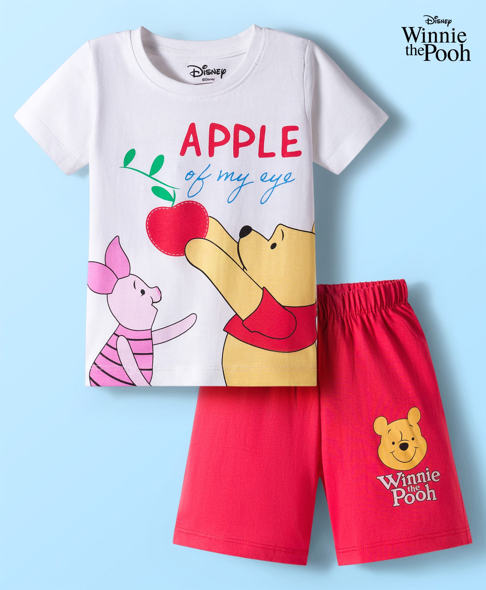 Babyhug Disney Single Jersey Knit Half Sleeves Short Night Suit With Winnie & Friends Graphics - White & Red-image-38
