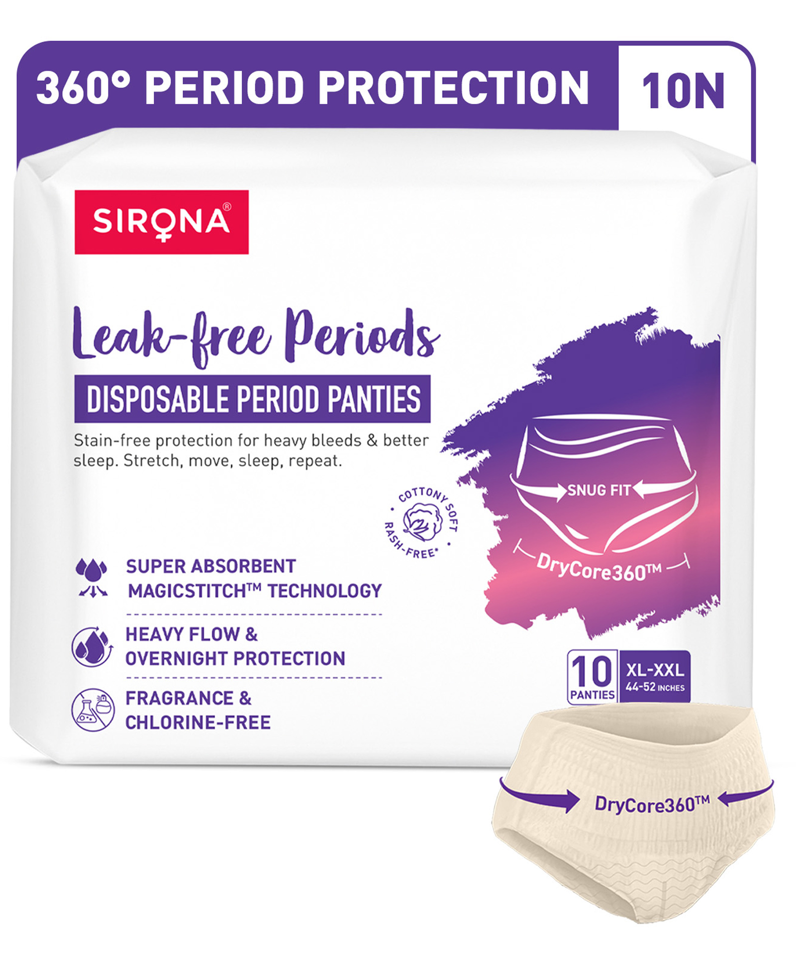 SIRONA Disposable Period Panties for Women (XL - XXL) Heavy Flow & Overnight 360 Protection Magic Stitch Leakproof Design - Pack of 10
