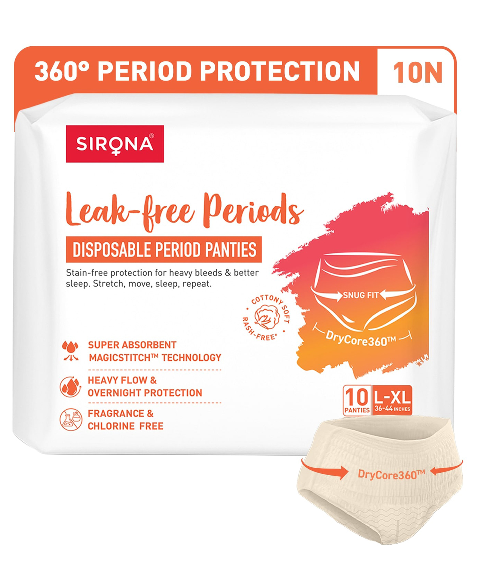 SIRONA Disposable Period Pants for Women (L - XL) 360 Protection Leak Proof Design Pack of 10 - White