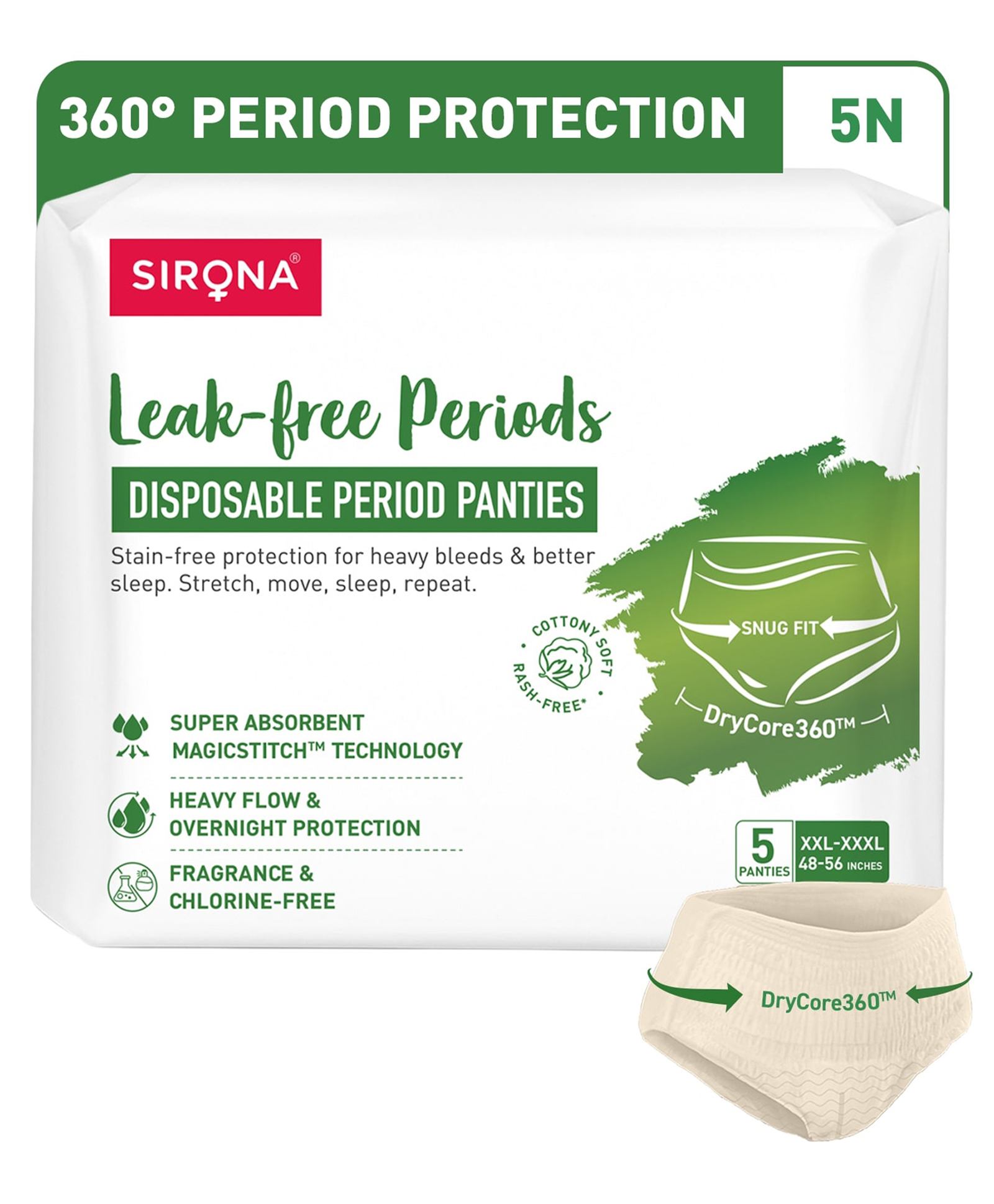 SIRONA Disposable Period Panties for Women (XXL - XXXL) Heavy Flow & Overnight 360 Protection Leak Proof Design - Pack of 5