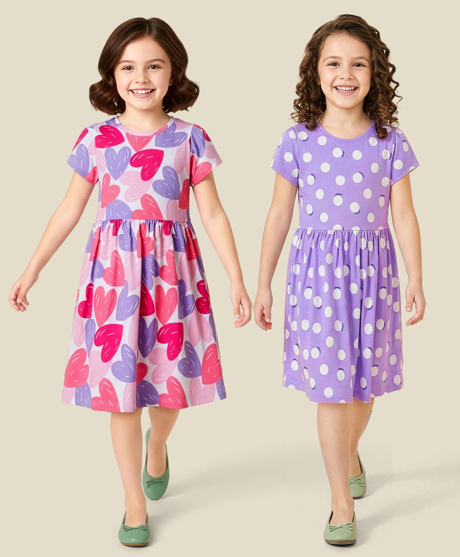 Honeyhap Premium Cotton 100% Cotton Knit Half Sleeves Frocks with Bio Finish Heart & Polka Dot Print Pack of 2 - Purple Heather & Bright White-image-2