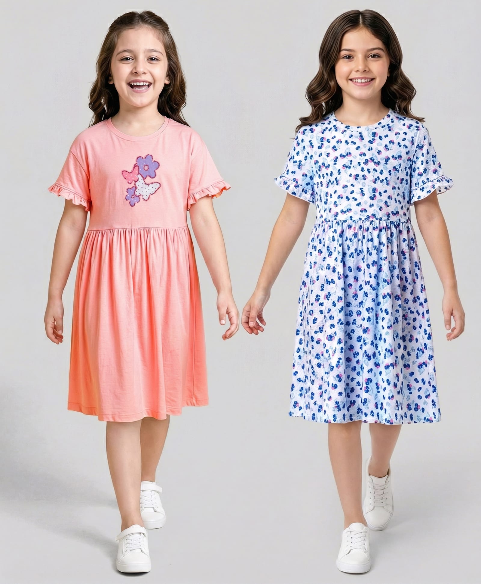 Honeyhap Premium 100% Cotton Knit With Bio Finish Half Sleeves Frocks With Floral Print Pack of 2 - Peristine Pink & Bright White-picture-21