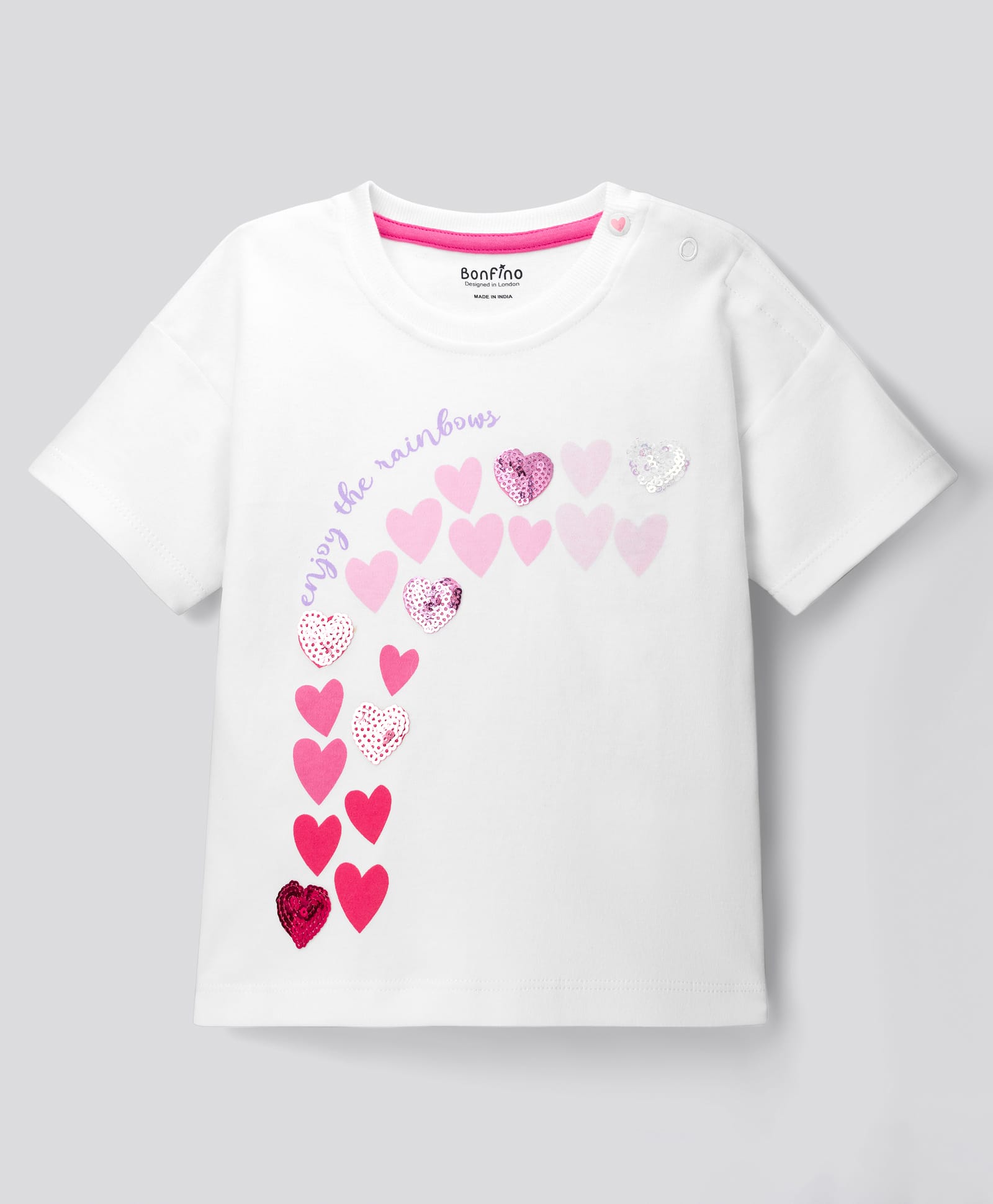 Bonfino 100% Cotton Oversize Drop Shoulder Half Sleeves T-Shirt With Heart Print & Sequin - White-image-6