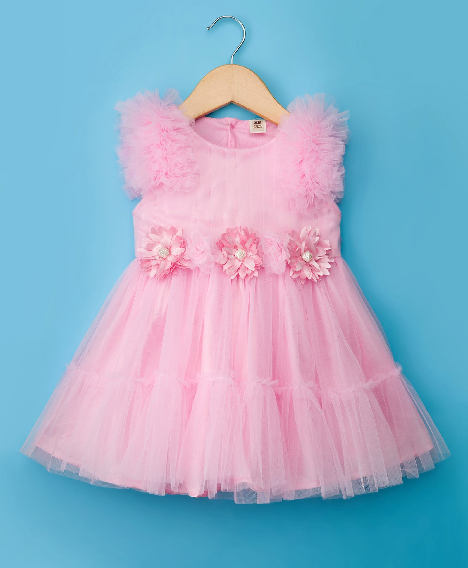 ToffyHouse Woven Frill Sleeves Party Dress With Floral Corsage - Pink-picture-3