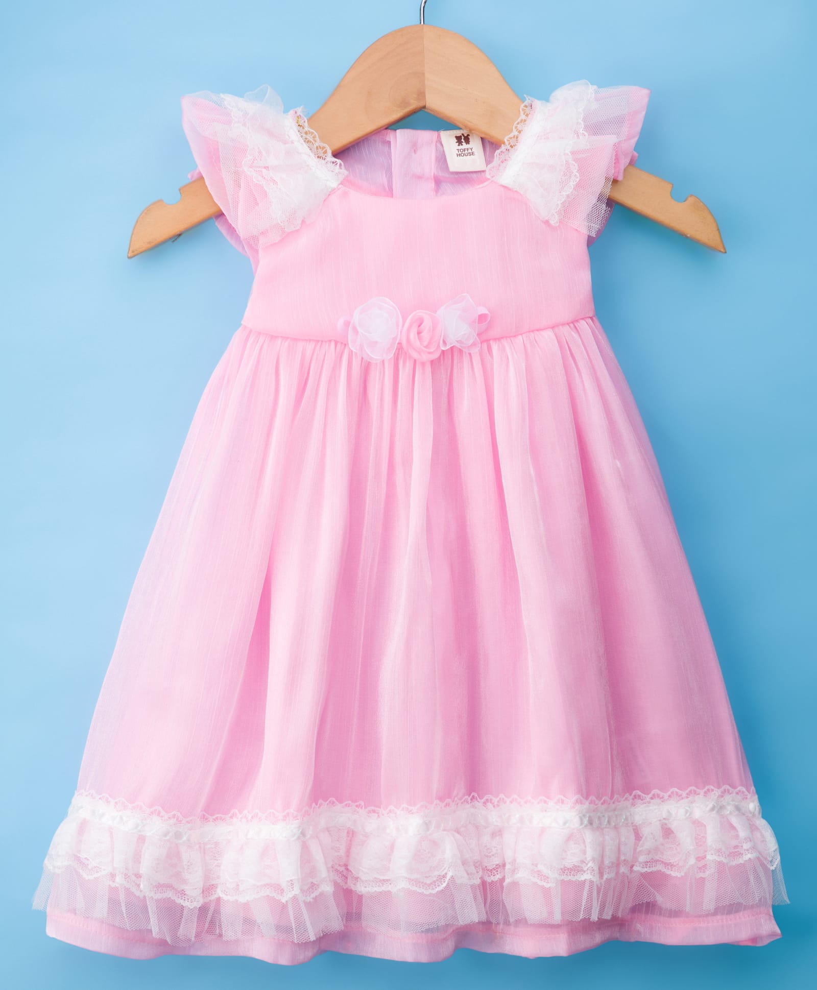 ToffyHouse Woven Frill Sleeves Party Dress with Floral Applique - Pink-picture-28