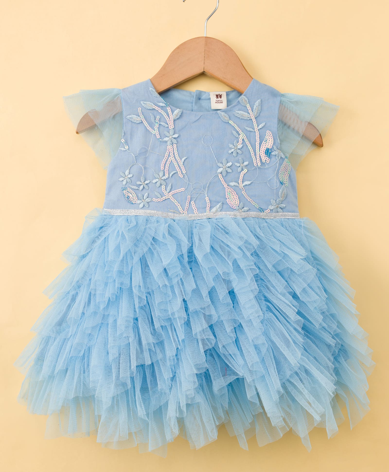 ToffyHouse Woven Cap Sleeves Party Frock With Floral Embroidery Sequin Detailing & Headband - Light Blue-image-21