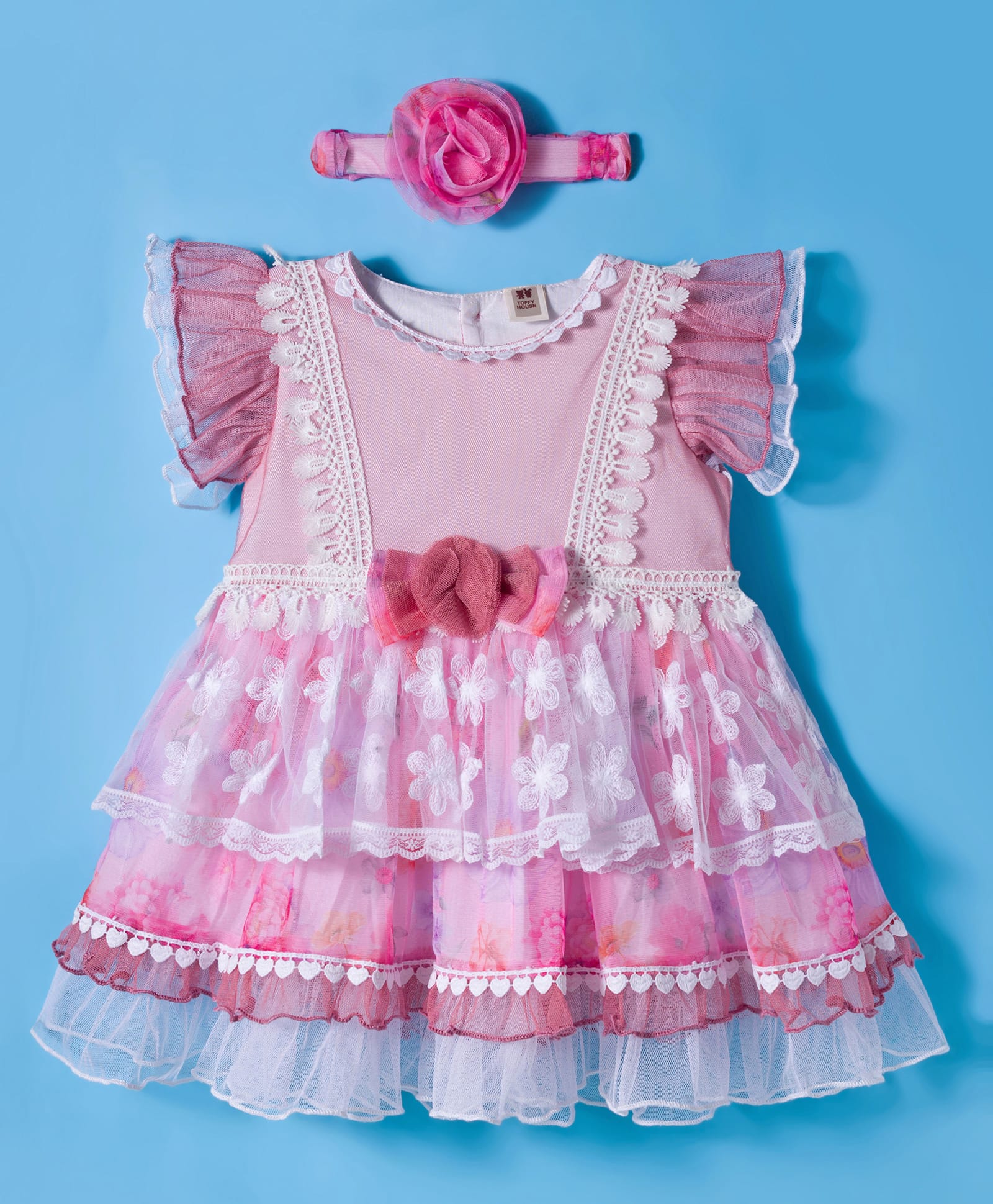 ToffyHouse Woven Half Sleeves Floral Embroidered Party Frock With Bow Applique & Headband - Pink-image-34