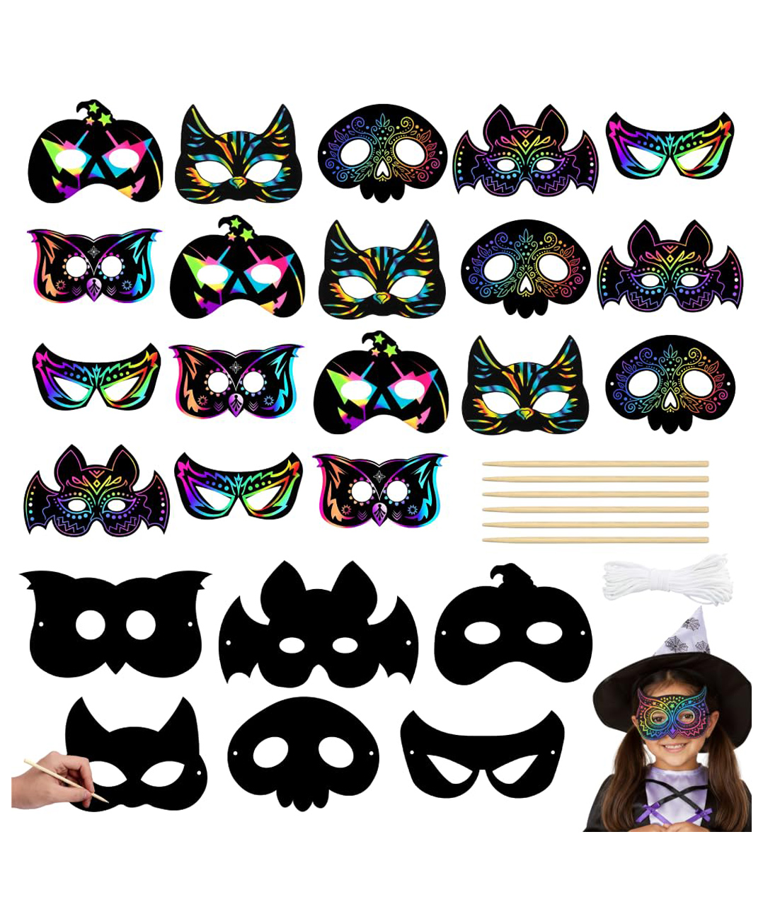 Asian Hobby Crafts Rainbow Scratch Paper Eye Masks 18 Pcs Magic Scratch Art | DIY Halloween Crafts for Kids, Party Favors, Classroom Activities & Return Gifts for Girls & Boys Ages 4, 5, 6, 7, 8-image-45