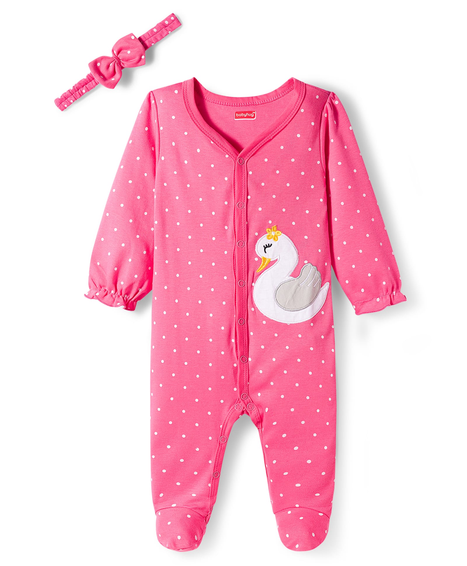 Babyhug Cotton Knit Full Sleeves Footed Polka Dot Printed Sleepsuit With Bird Patch & Hair Band - Pink-image-10