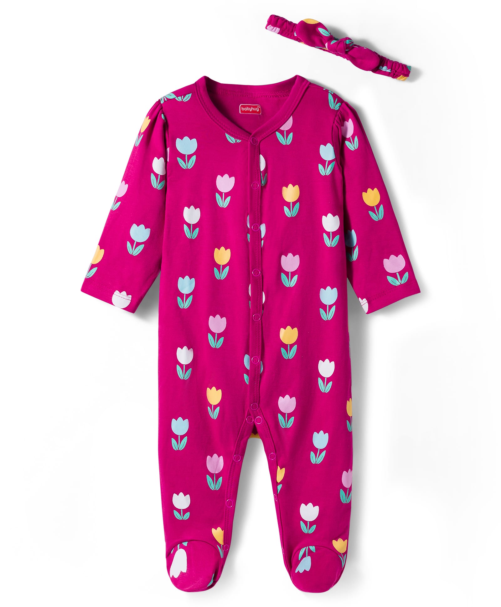 Babyhug Cotton Knti Full Sleeves Footed Sleepsuit With Floral Print & Headband - Pink-image-30