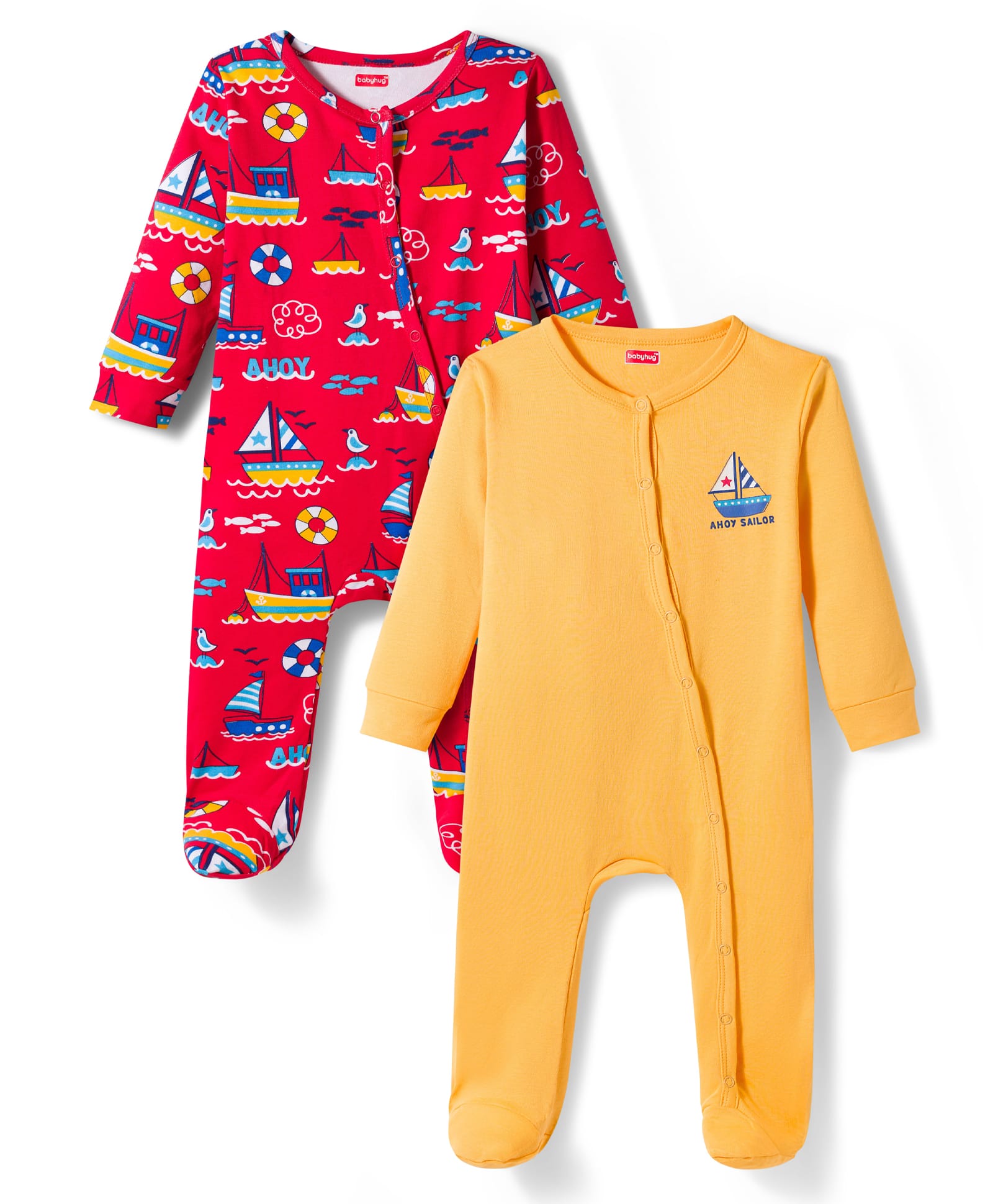 Babyhug Cotton Knit Full Sleeves Front Open Sleep Suits with Nautical Theme Print Pack of 2 - Red & Mustard-picture-11