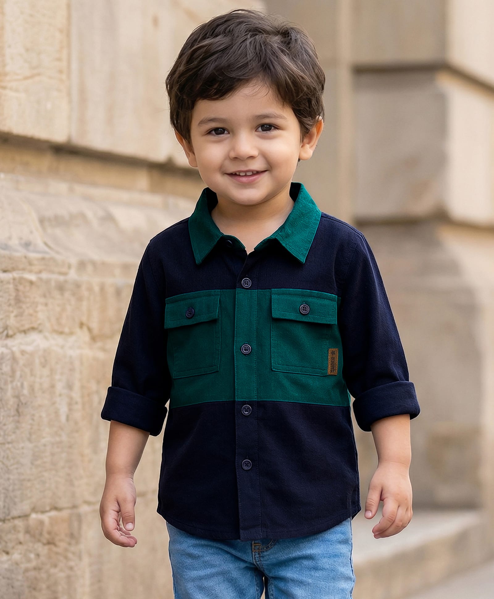 Babyhug Cotton Woven Full Sleeves Solid Corduroy Shirt - Navy Blue & Green-picture-21