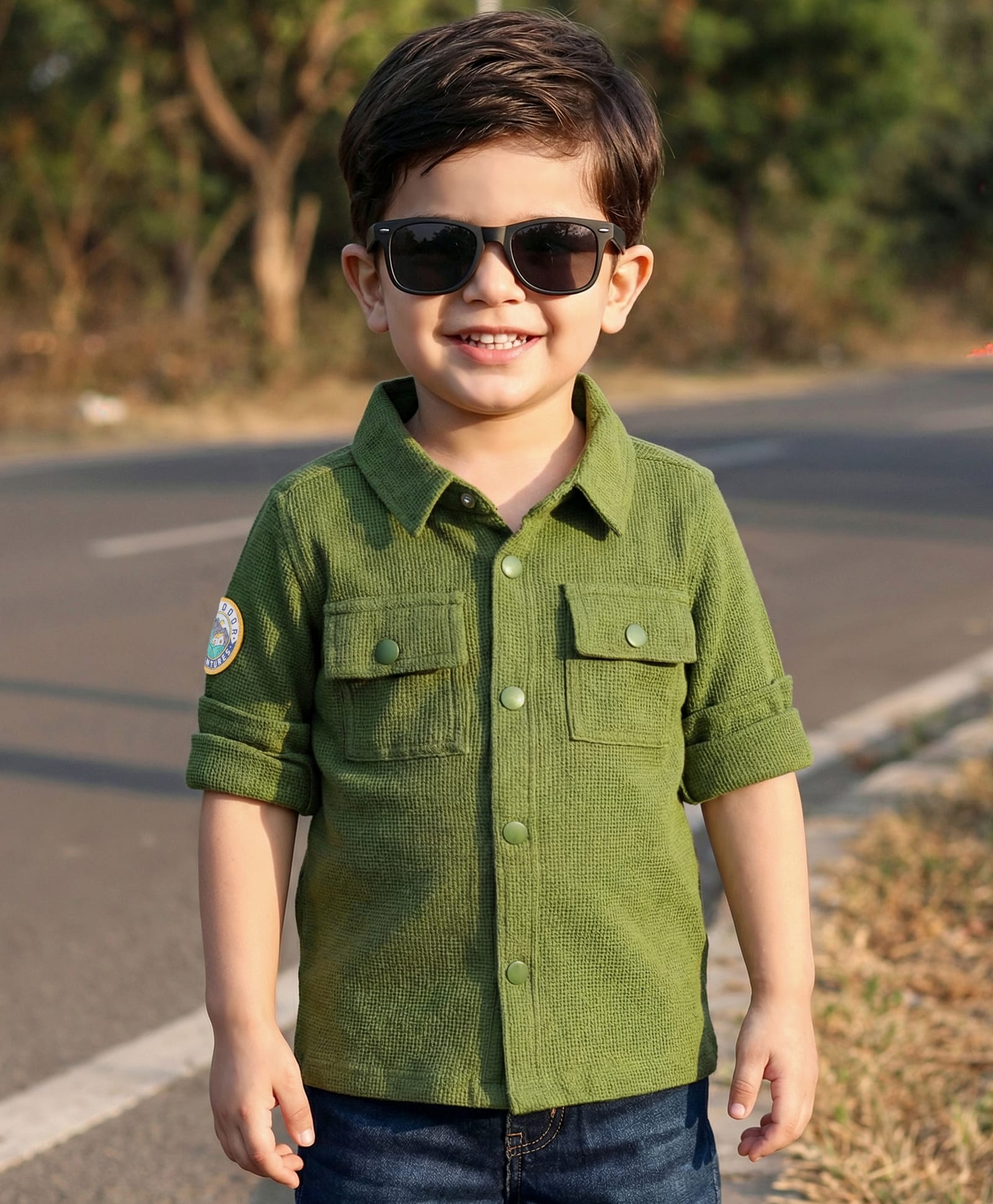 Babyhug Cotton Woven Full Sleeve Solid Shirt with Patch- Green