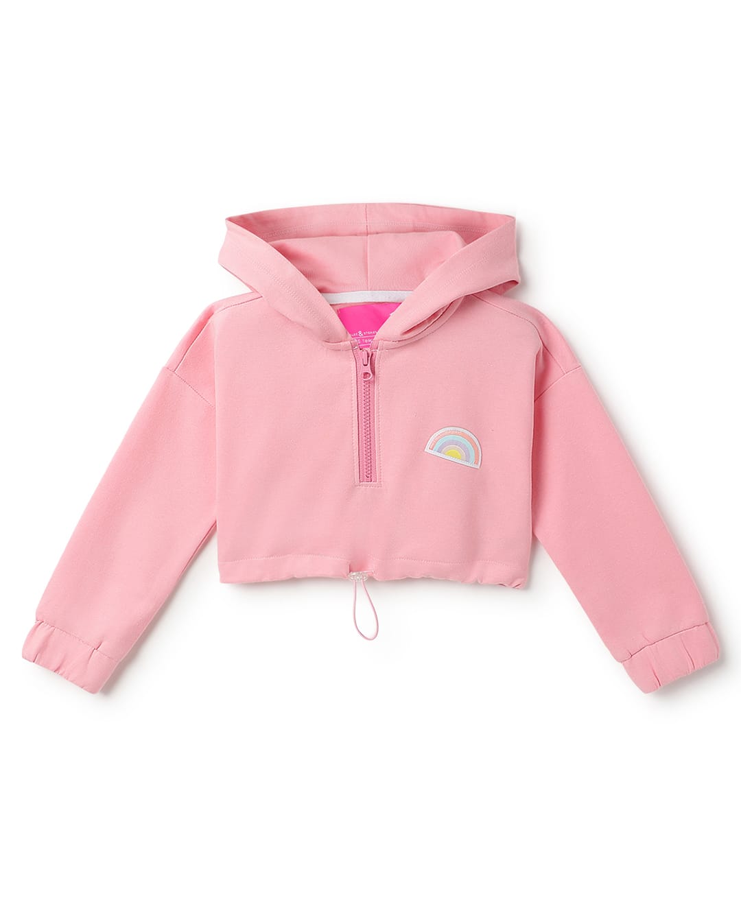 Tales & Stories Cotton Knit Full Sleeves Rainbow Patch Detailed Cropped Hooded Sweatshirt - Pink-picture-22