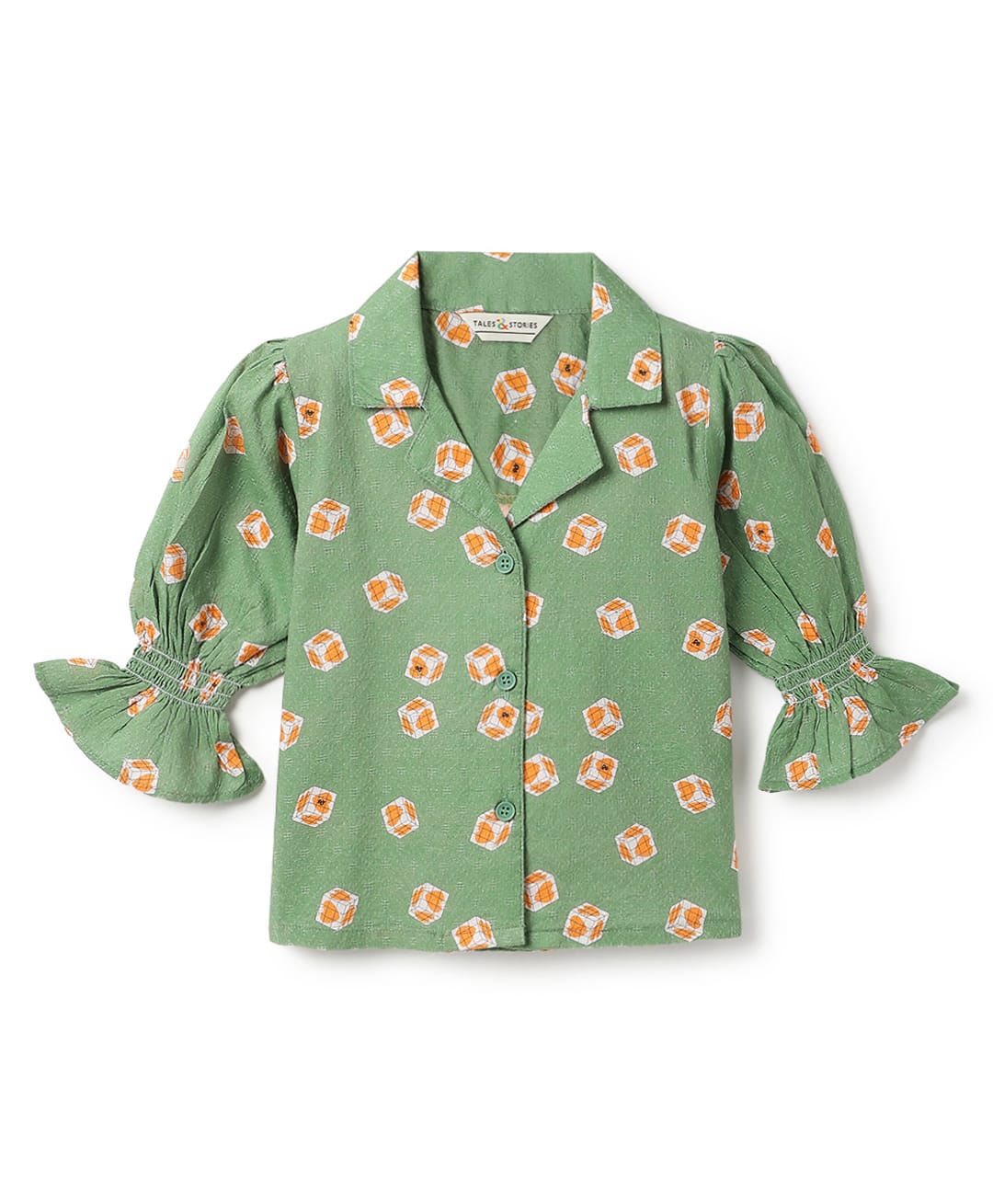 Tales & Stories Viscose Woven Three Fourth Sleeves Hearts Printed Shirt Style Top - Green-picture-17