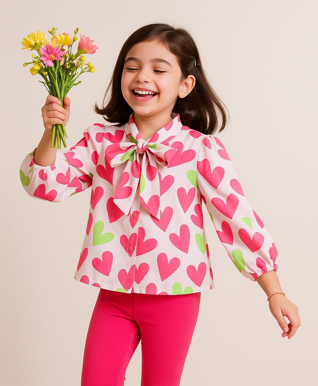 Tales & Stories Cotton Woven Full Sleeves Heart Printed Tie Up Top - Pink-picture-28