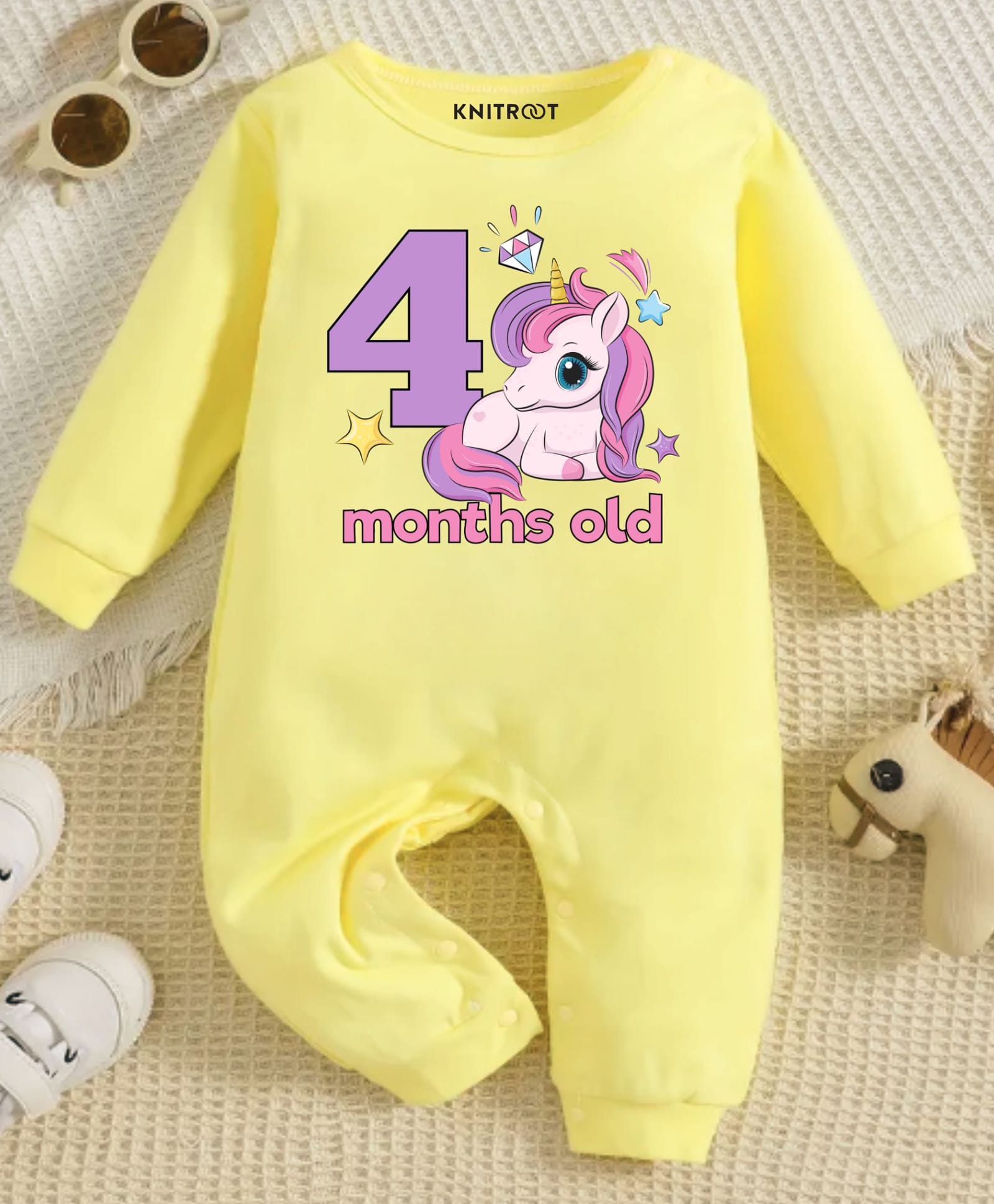 KNITROOT Cotton Knit Full Sleeves 4 Months Old Text Unicorn Printed Romper - Yellow-image-47
