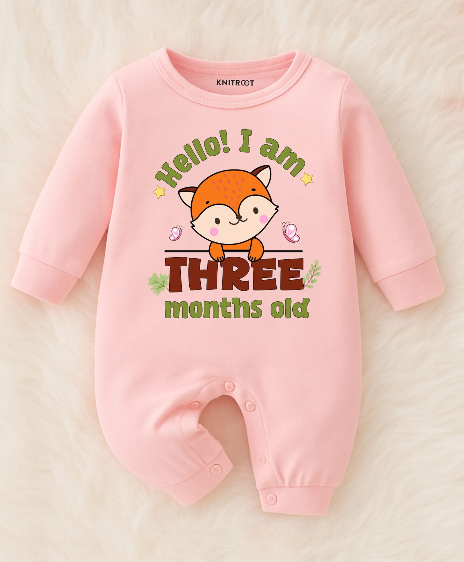 KNITROOT Cotton Knit Full Sleeves Hello I Am Three Months Old Text Fox Printed Romper - Pink-image-18