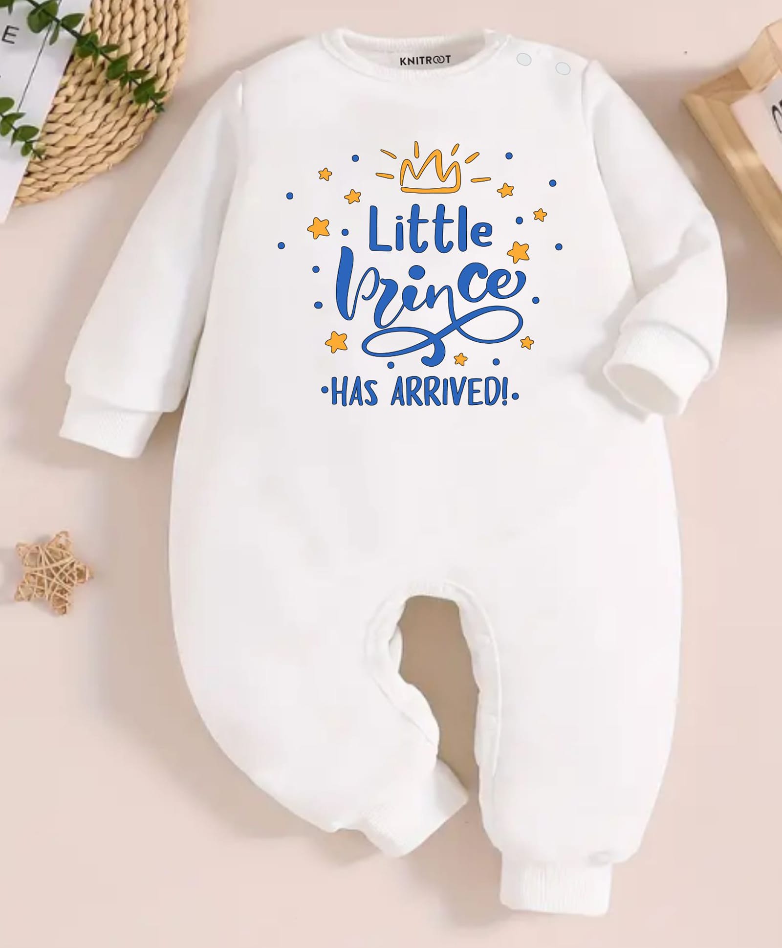 KNITROOT Cotton Knit Full Sleeves Little Prince Has Arrived Text Printed Romper - White-image-19