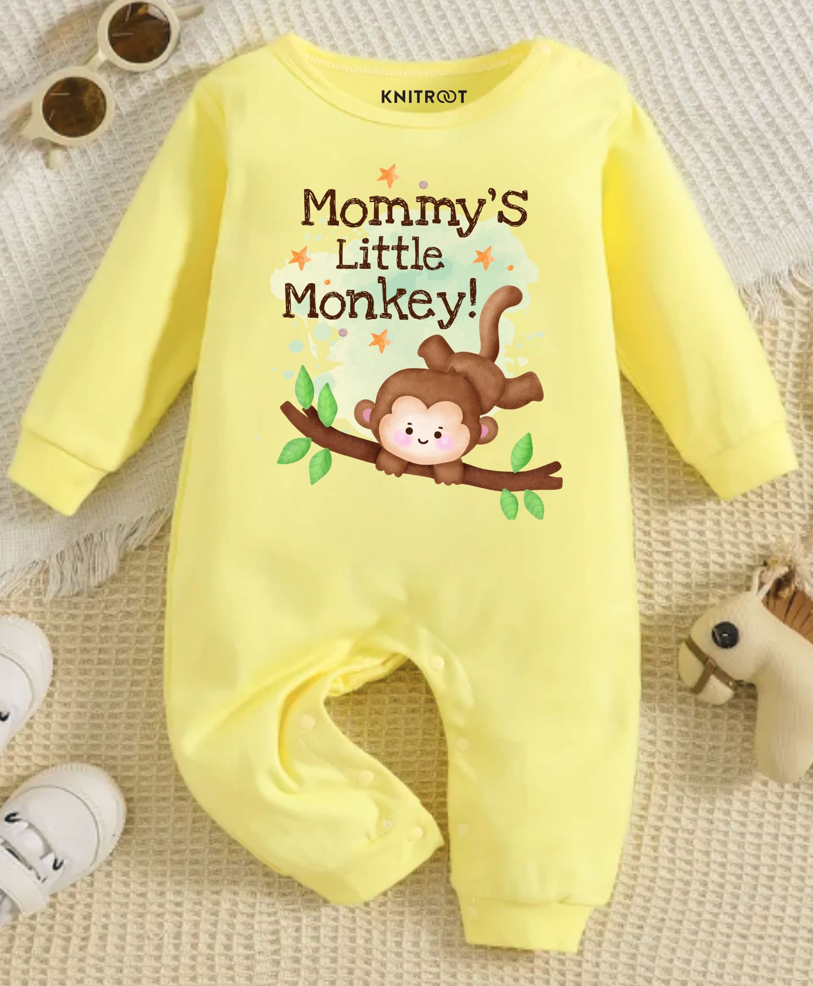 KNITROOT Cotton Knit Family Theme Full Sleeves Mommys Little Monkey Text Printed Romper - Yellow-image-45