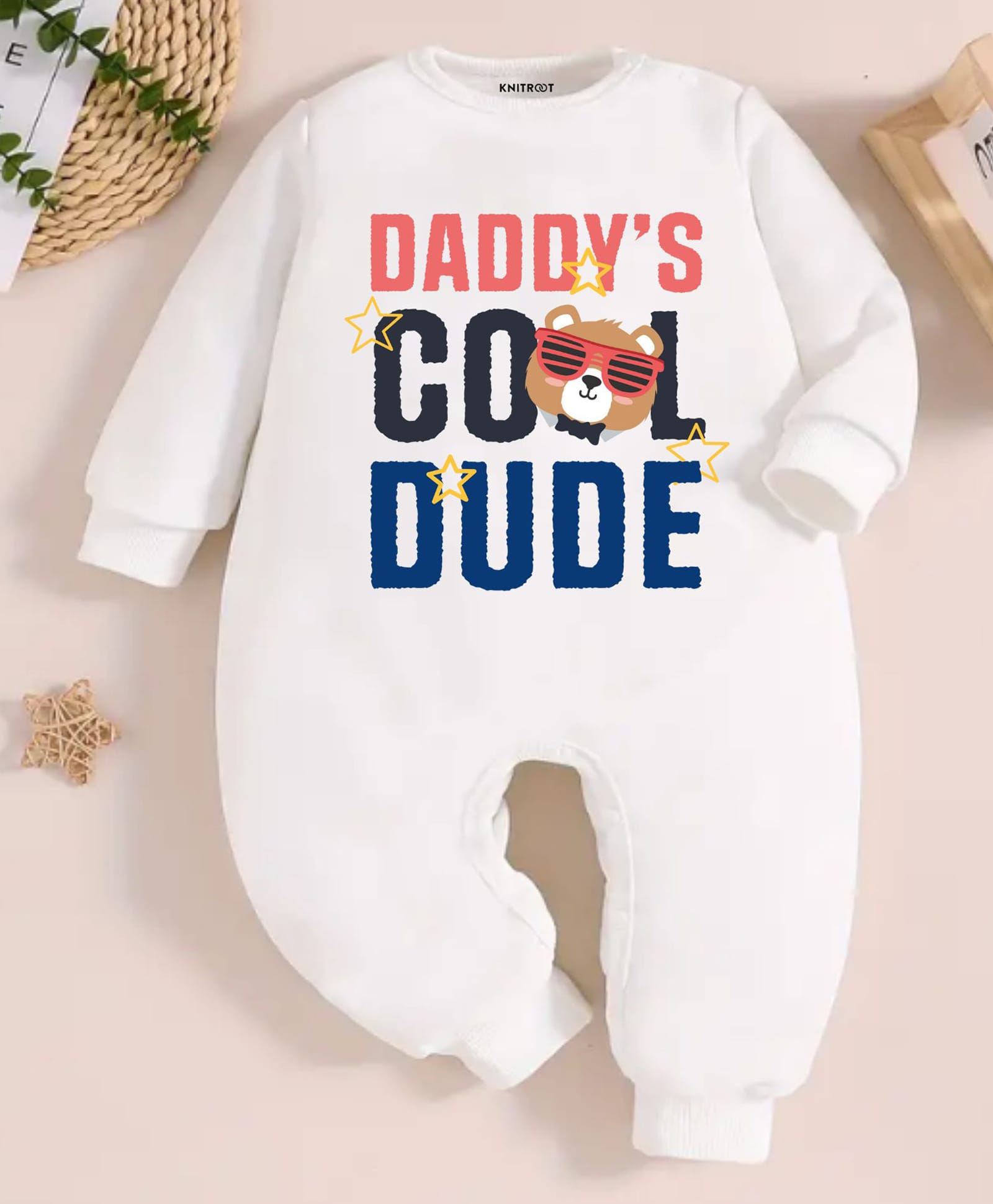 KNITROOT Cotton Knit Family Theme Full Sleeves Daddys Cool Dude Text Printed Romper - White-picture-14
