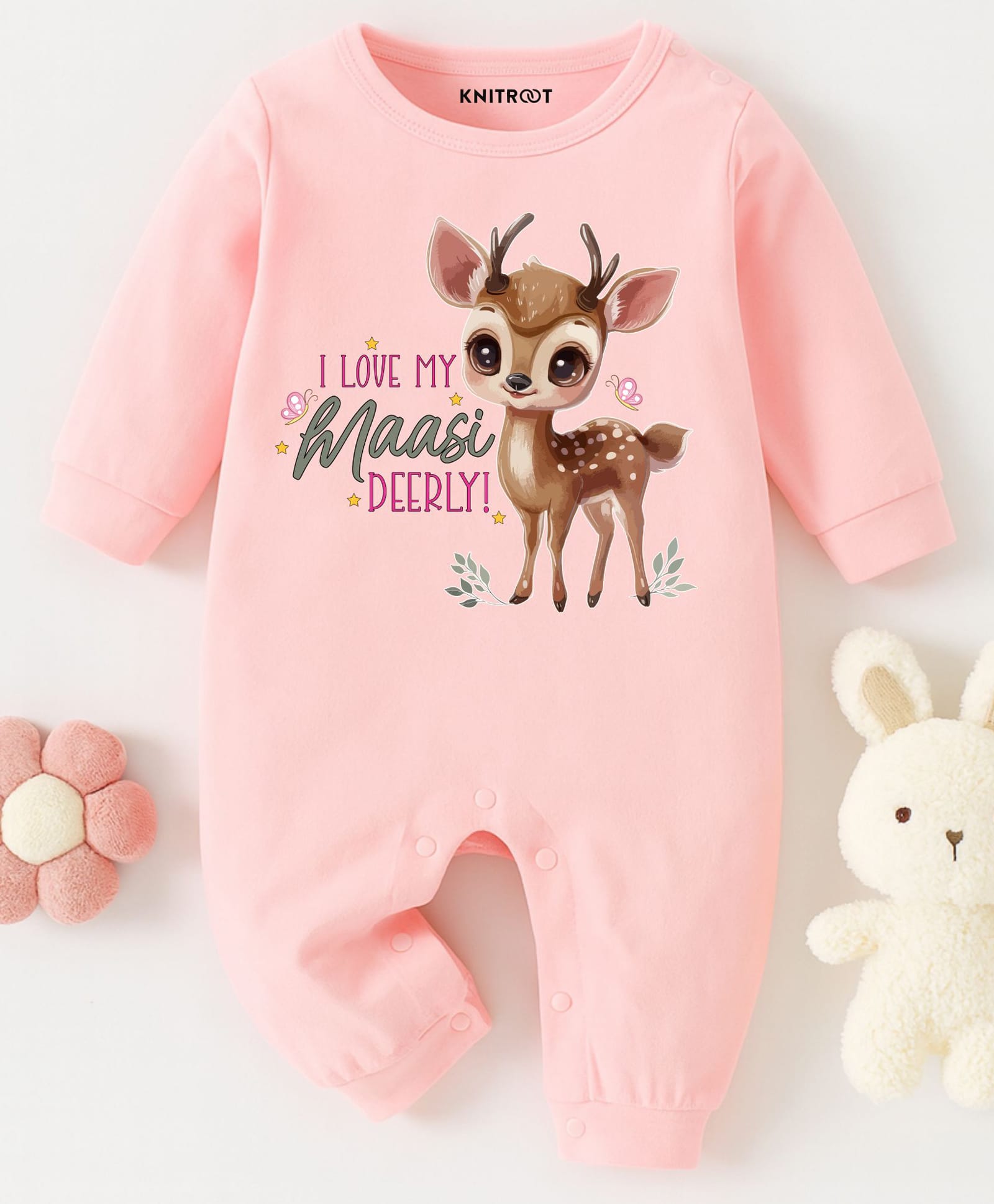 KNITROOT Cotton Knit Family Theme Full Sleeves I Love My Maasi Deerly Text Printed Romper - Pink-image-30