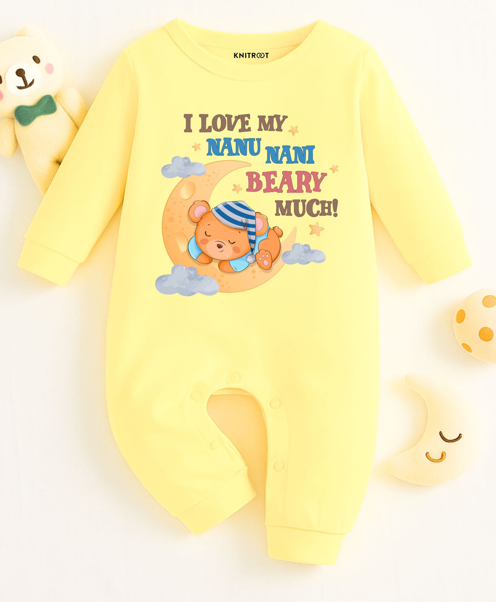 KNITROOT Cotton Knit Family Theme Full Sleeves I Love My Nanu Nani Beary Much Text Printed Romper - Yellow-image-5