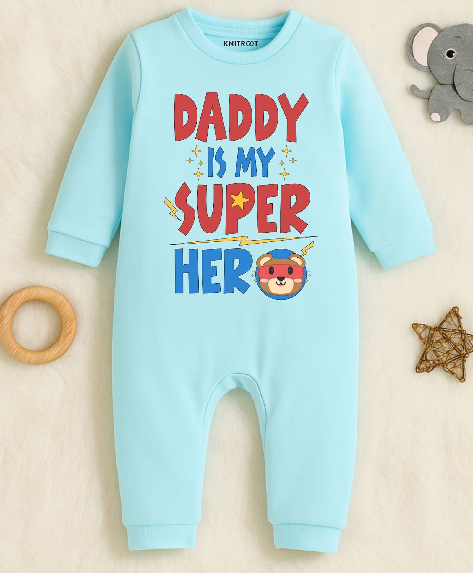 KNITROOT Cotton Knit Family Theme Full Sleeves Daddy Is My Superhero Text Printed Romper - Blue-picture-18