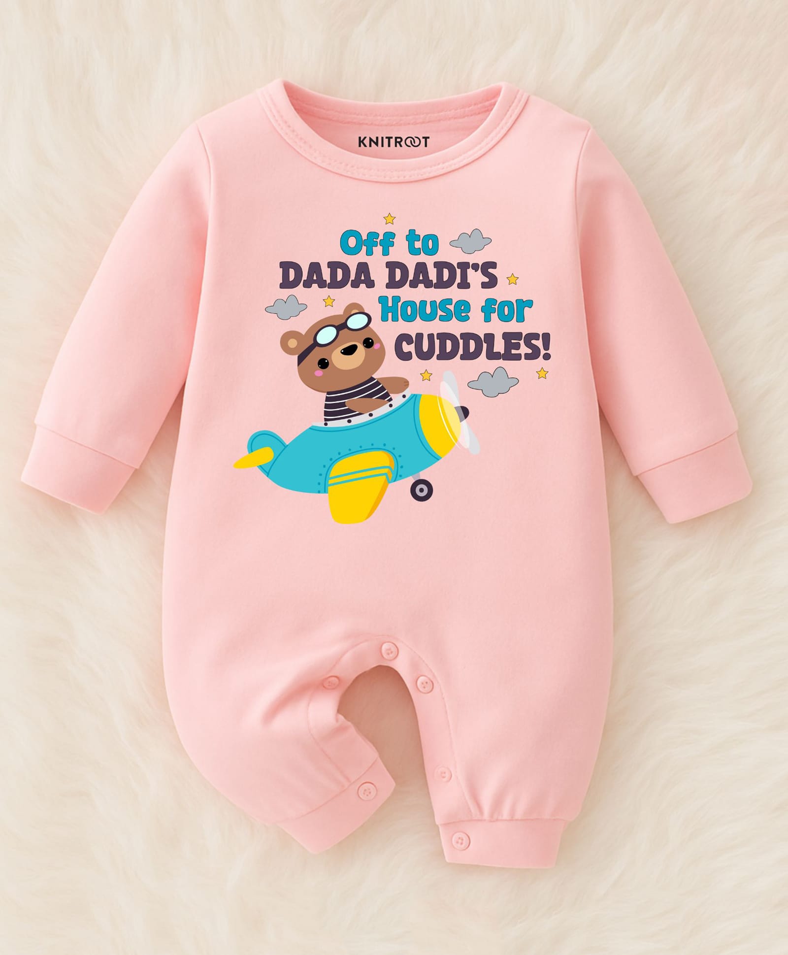 KNITROOT Cotton Knit Family Theme Full Sleeves Off To Dada Dadis House For Cuddles Text Printed Romper - Pink-image-25