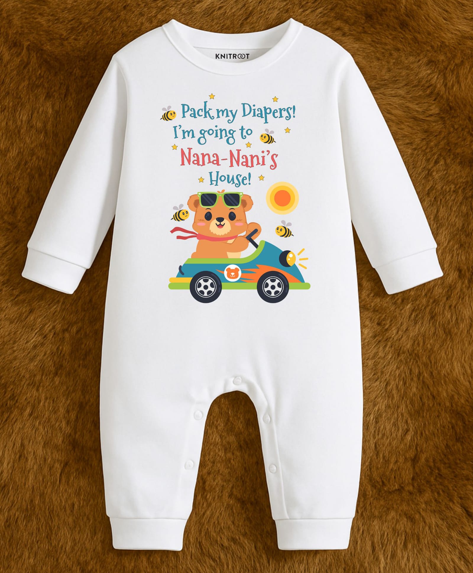 KNITROOT Cotton Knit Family Theme Full Sleeves Pack My Diapers Im Going To Nana Nanis House Text Printed Romper - White-image-37