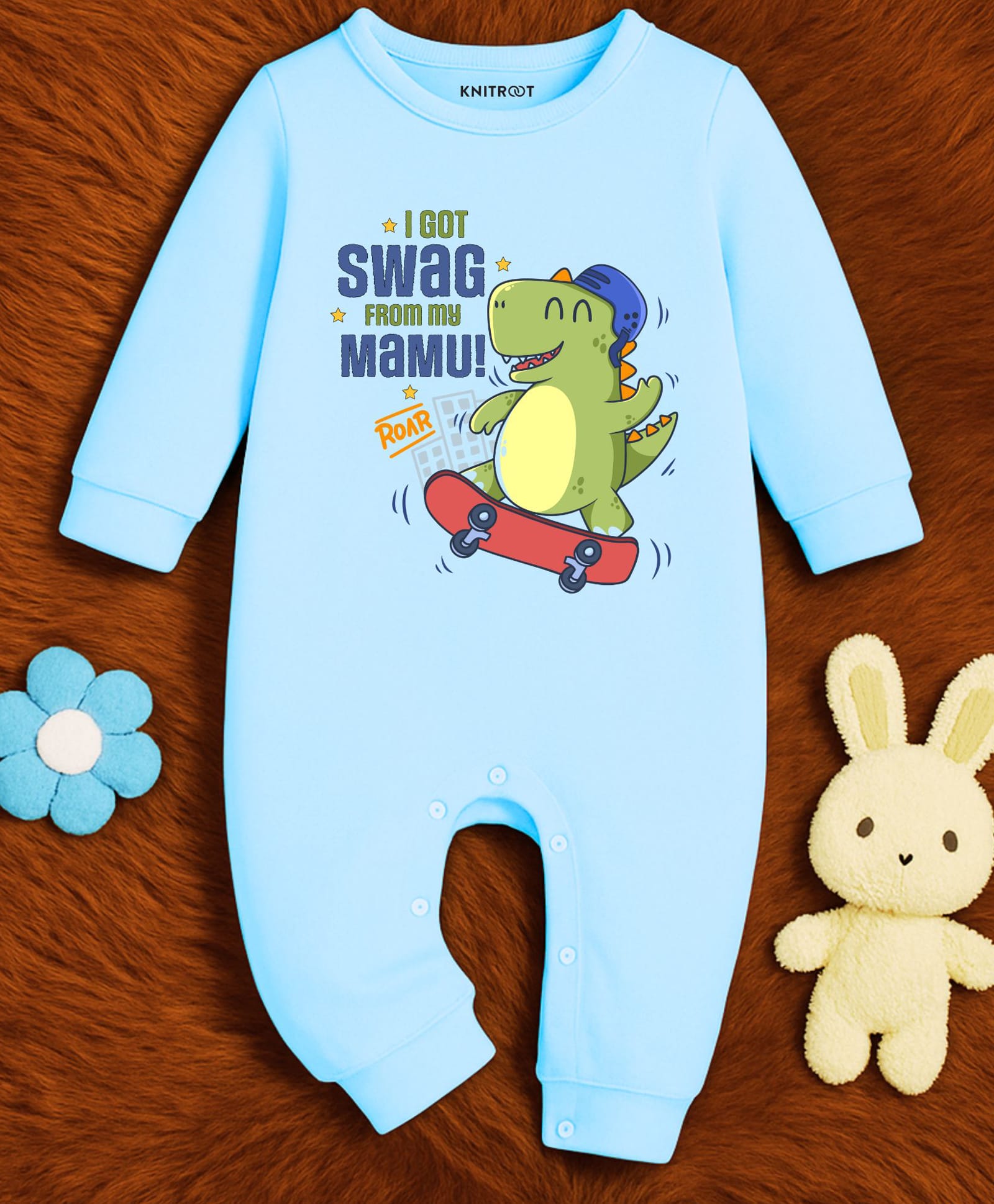 KNITROOT Cotton Knit Family Theme Full Sleeves Got Swag From My Mamu Text Printed Romper - Blue-picture-14