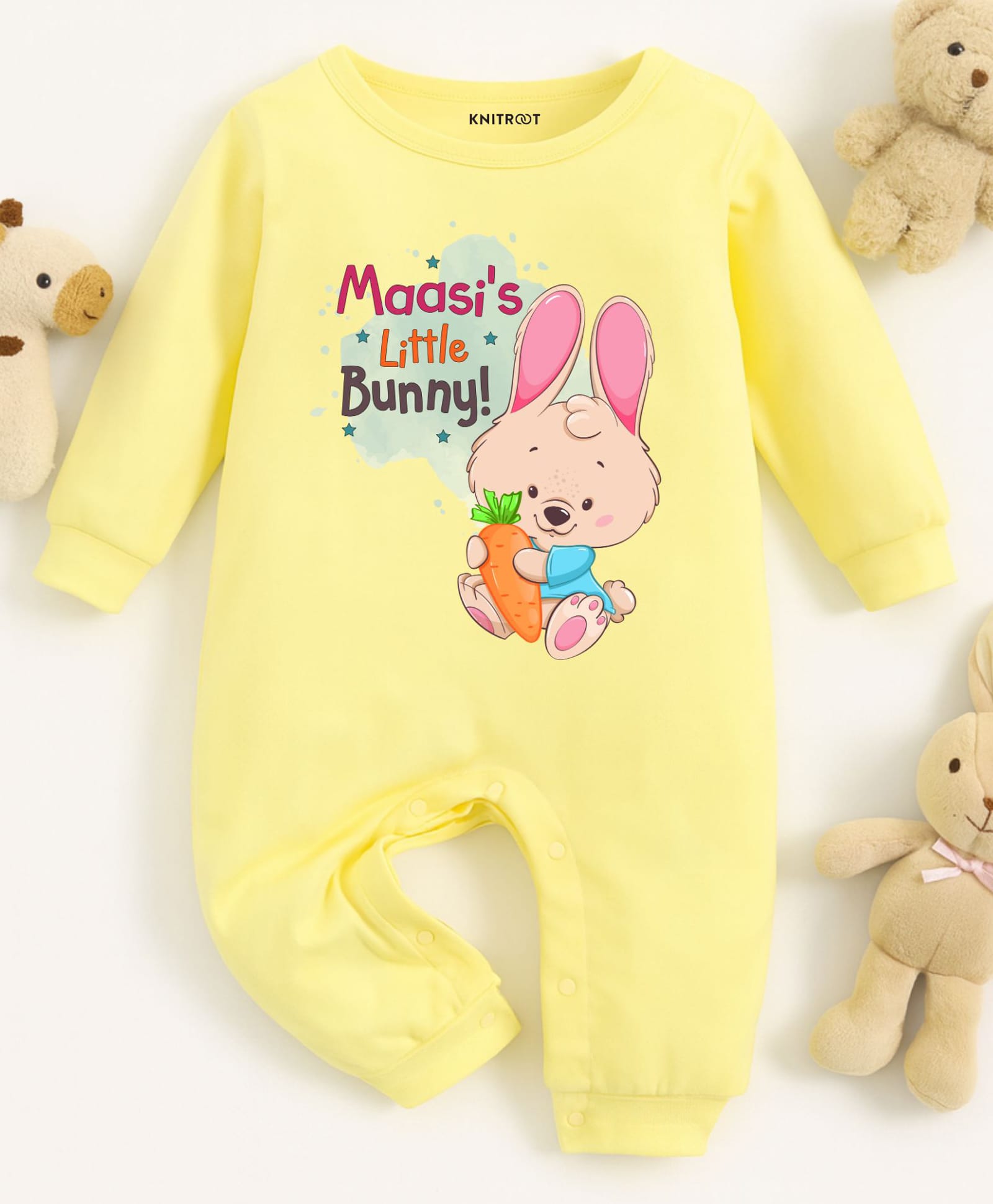 KNITROOT Cotton Knit Family Theme Full Sleeves Maasis Little Bunny Text Printed Romper - Yellow-image-16