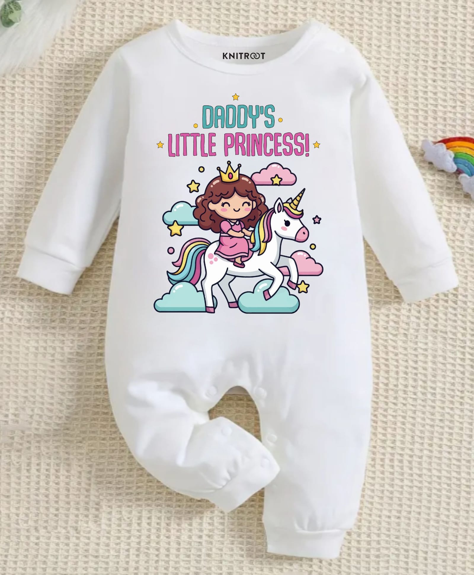 KNITROOT Cotton Knit Family Theme Full Sleeves Daddys Little Princess Text Printed Romper - White-image-11