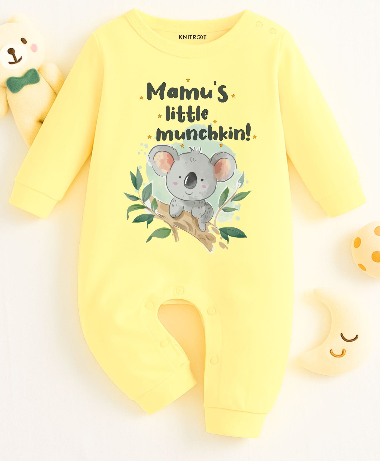 KNITROOT Cotton Knit Family Theme Full Sleeves Mamus Little Munchkin Text Printed Romper - Yellow-image-37