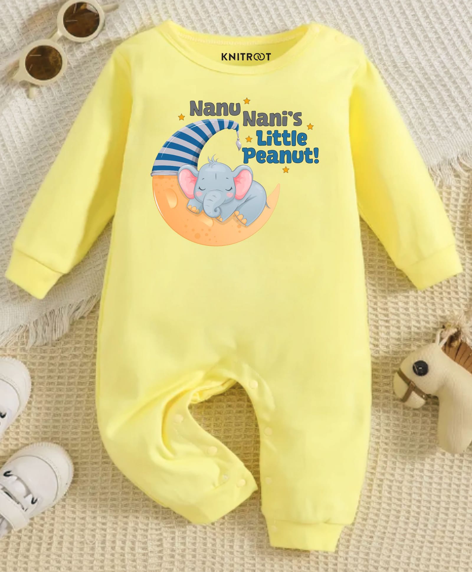 KNITROOT Cotton Knit Family Theme Full Sleeves Nanu Nanis Little Peanut Text Printed Romper - Yellow-image-29