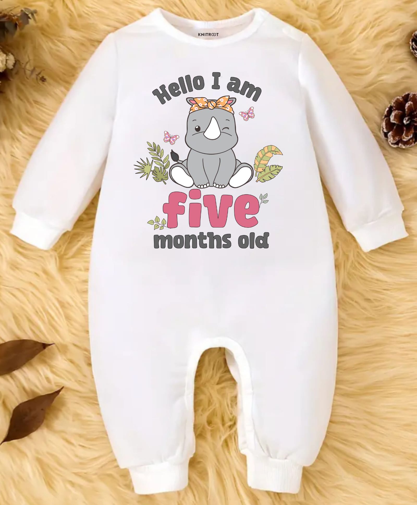 KNITROOT Cotton Knit Full Sleeves Hello I Am Five Months Old Text Rhino Printed Romper - White-image-45