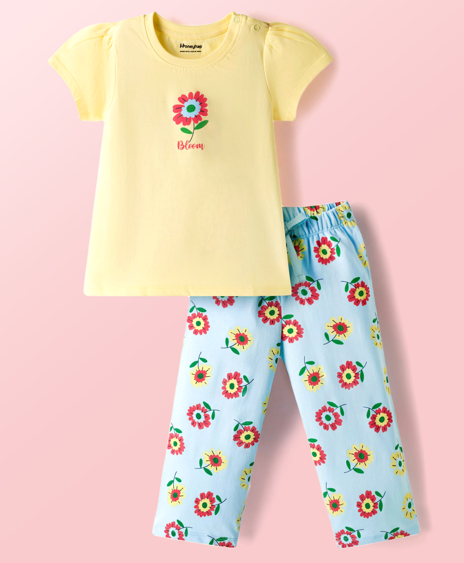 Honeyhap Premium 100% Cotton Knit Half Sleeves Floral Printed T-Shirt & Pyjama Night Set With Bio Finish - Pastel Yellow & Spun Sugar-image-18