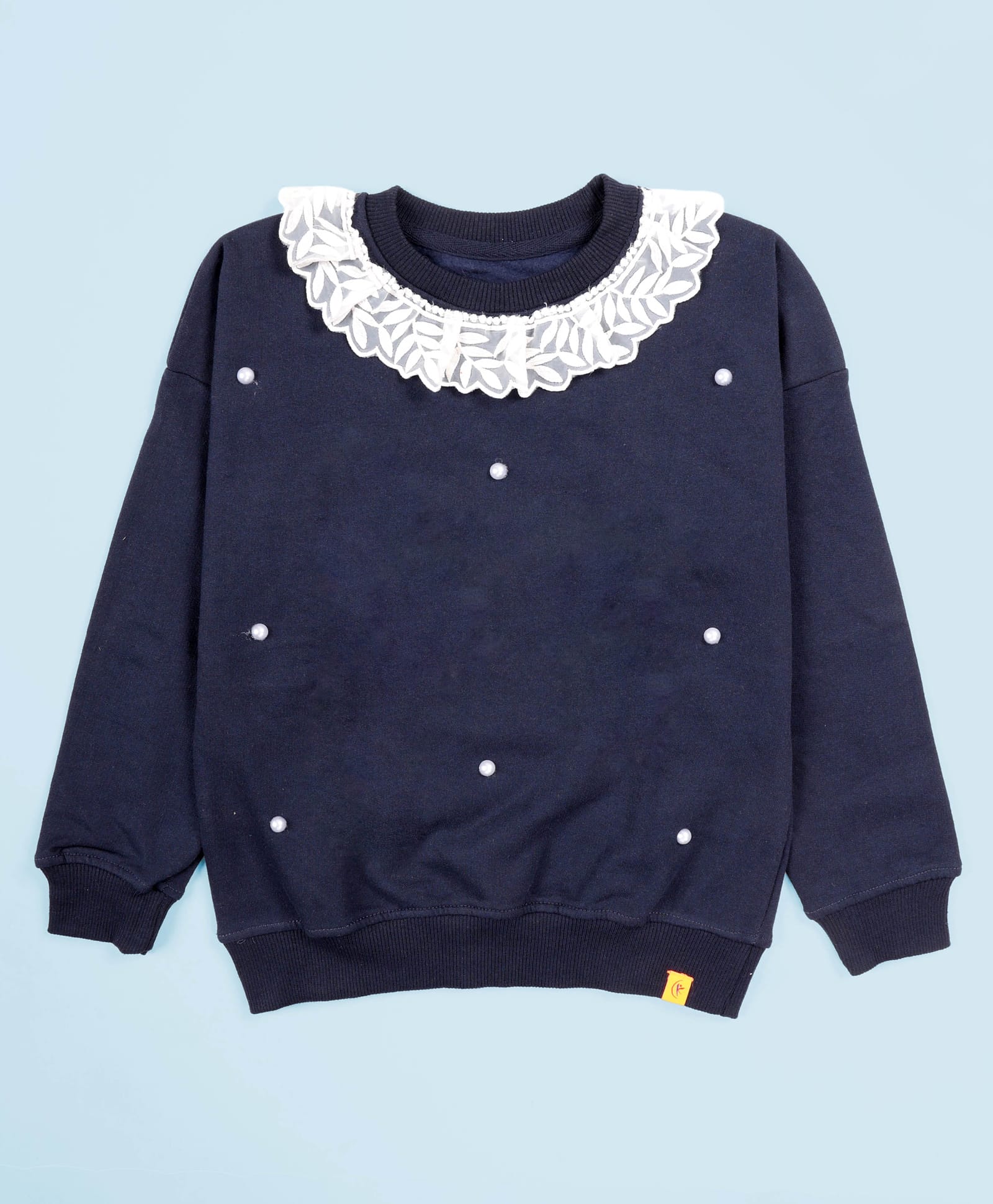 Kiddopanti Fleece Knit Full Sleeves Pearls Embellished Lace Detailed Light Winter Sweatshirt - Navy Blue-picture-36