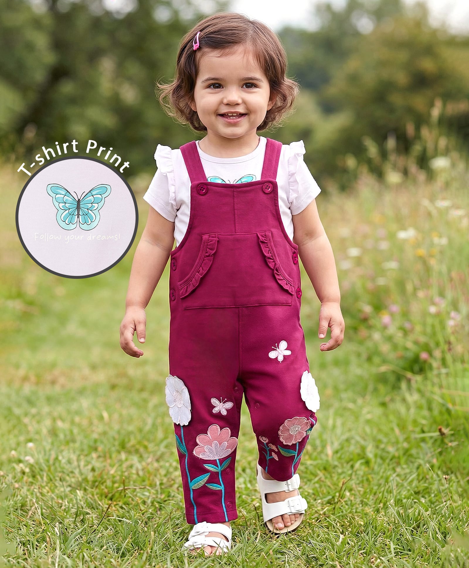 Babyoye 100% Cotton Woven Dungaree with Half Sleeves Tee Floral Embroidery - Red-image-21