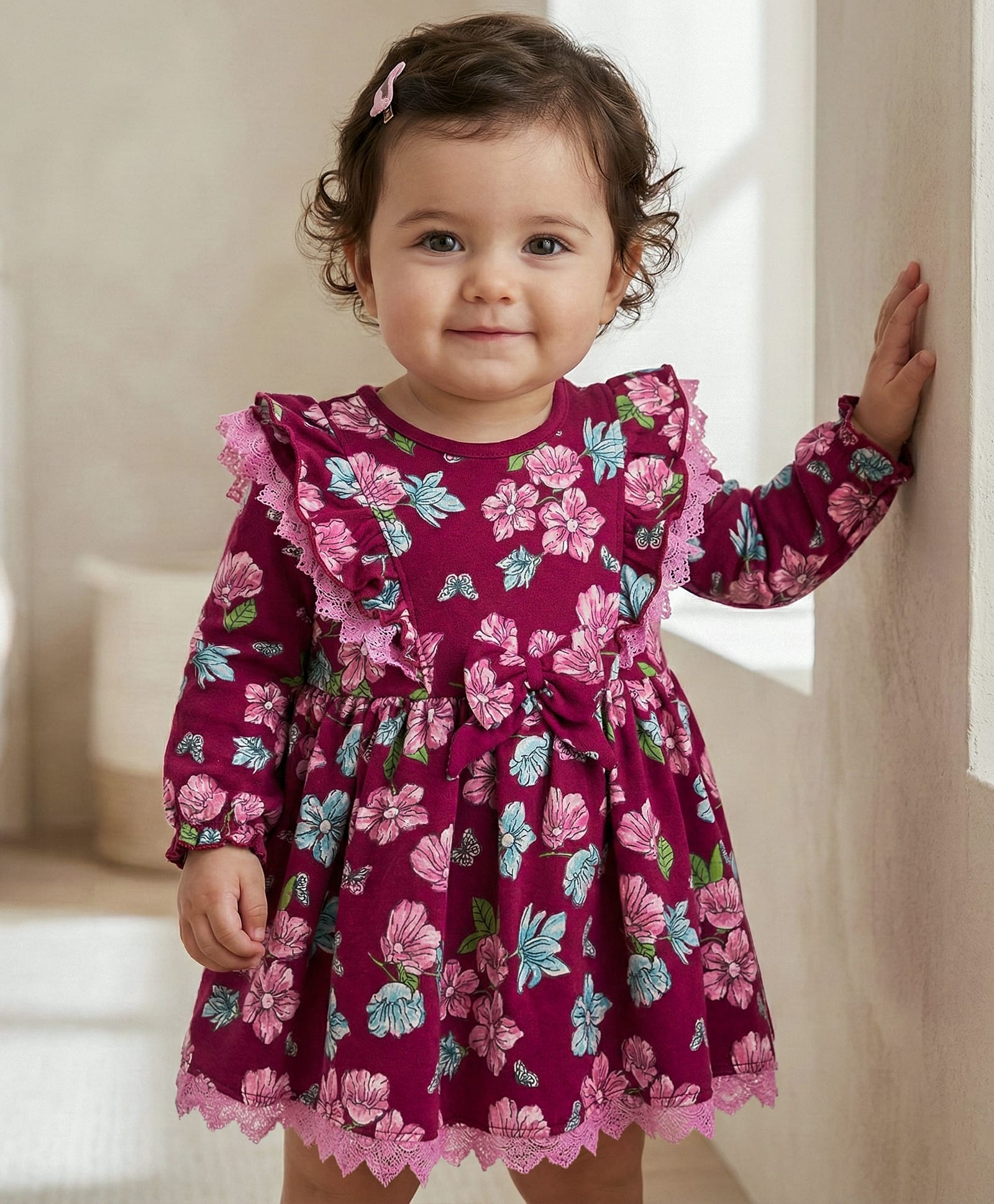 Babyoye 100% Cotton Knit Full Sleeves Frock With Floral Print & Bow Applique - Red-picture-41