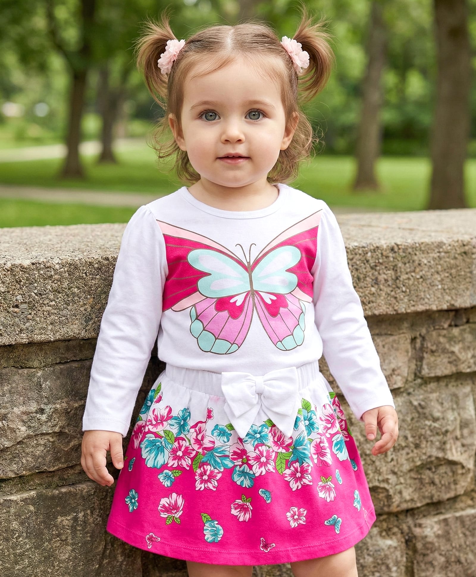 Babyoye 100% Cotton Knit Full Sleeves Top & Skirt Set with Floral & Butterfly Print- White & Red-image-7