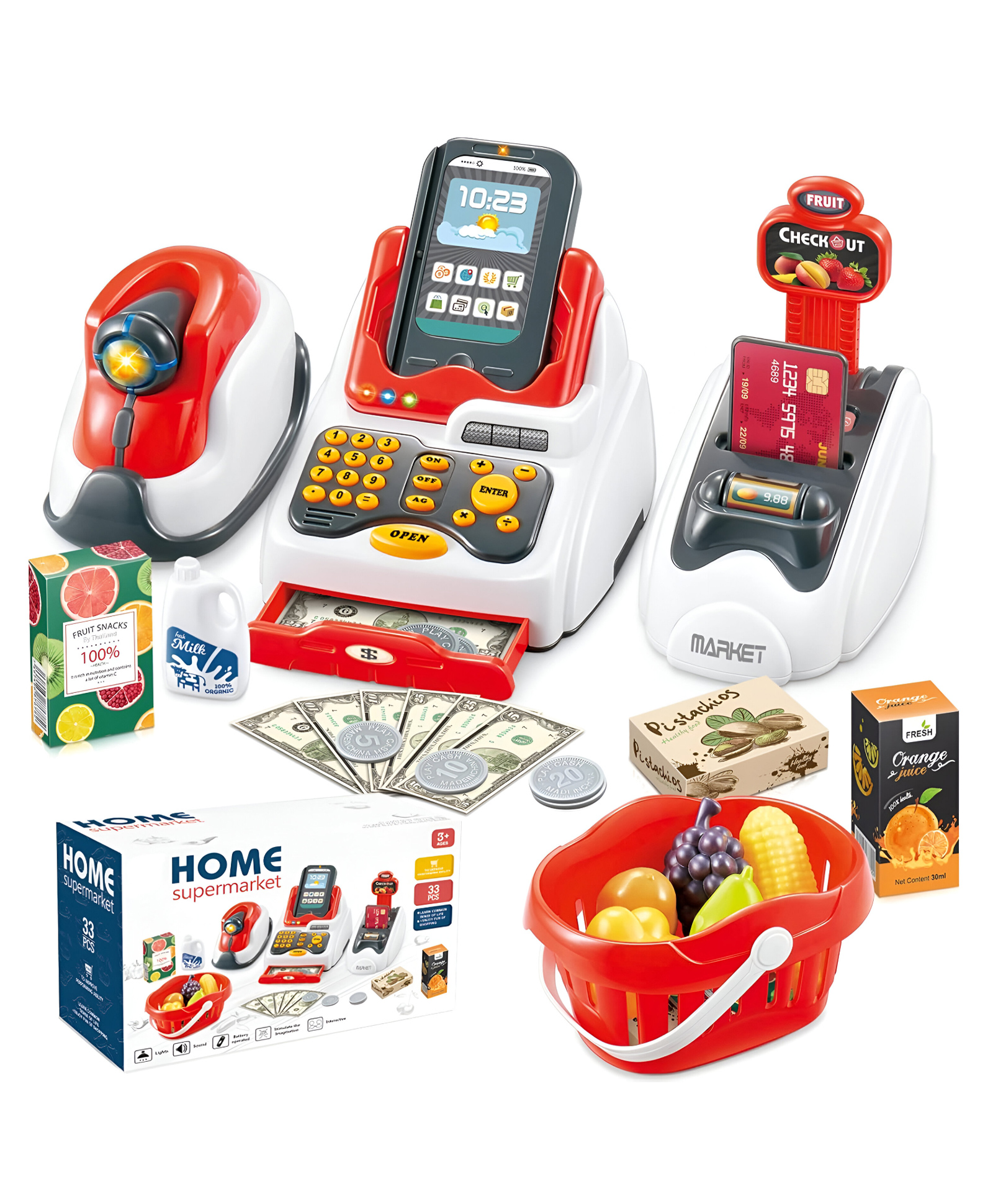 NEGOCIO Supermarket Toy Simulation Game with Machine Cash Register Card Reader Product and Food Scanner Models Fruits Role Toys 33 Pieces for kids- PACK OF 1- COLOR MAY VARY-image-12